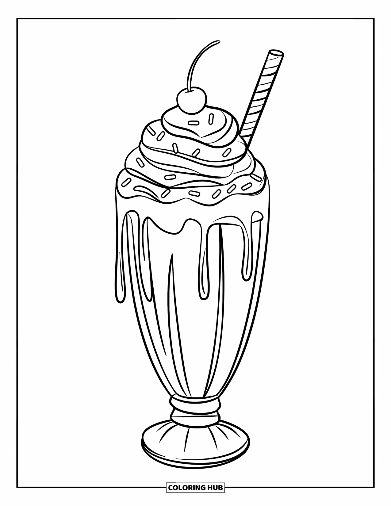 Milkshake Coloring Page for Kids: A caramel mocha milkshake is topped with whipped cream, drizzle, and a cherry