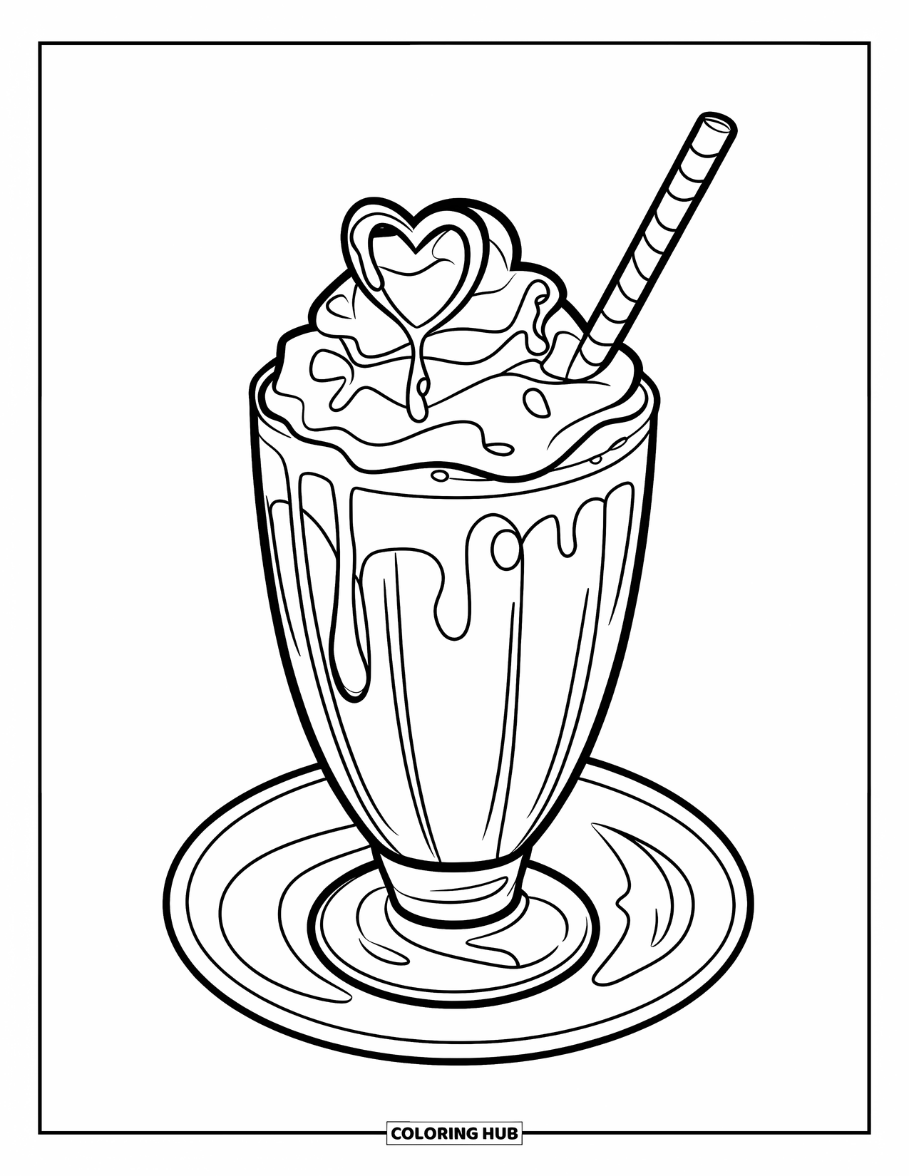 Milkshake Coloring Page for Kids: A caramel mocha milkshake with heart-shaped drizzle rests on a plate