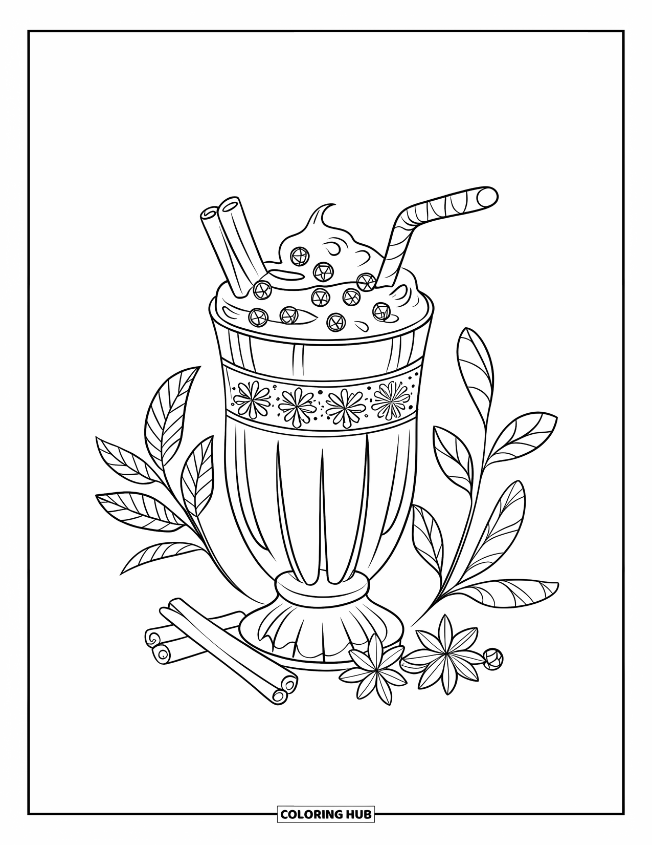 Milkshake Coloring Page for Kids: A chai milkshake is topped with spices and cinnamon doodles in a tall glass