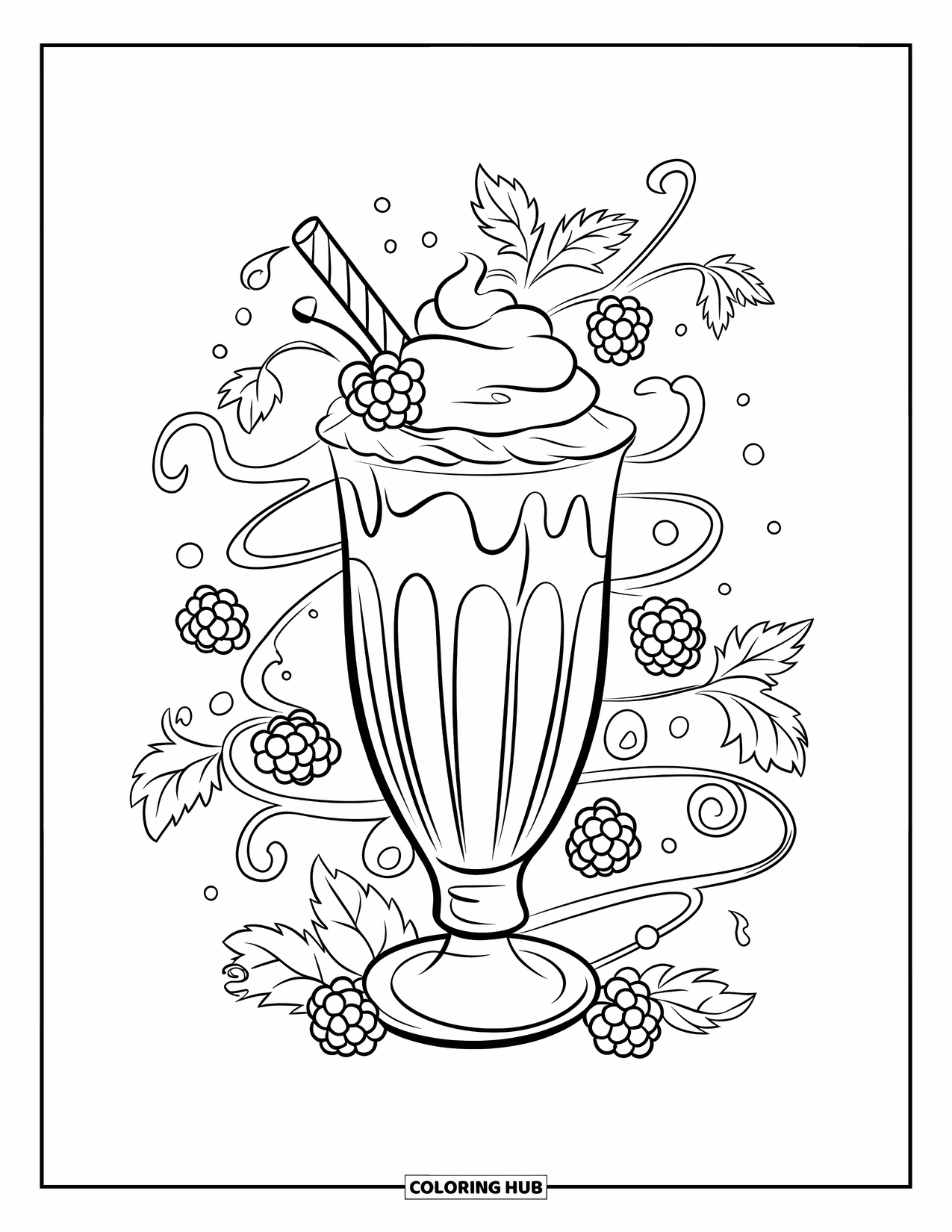 Milkshake Coloring Page for Kids: A cherry-topped blackberry milkshake is surrounded by bold vines and berries