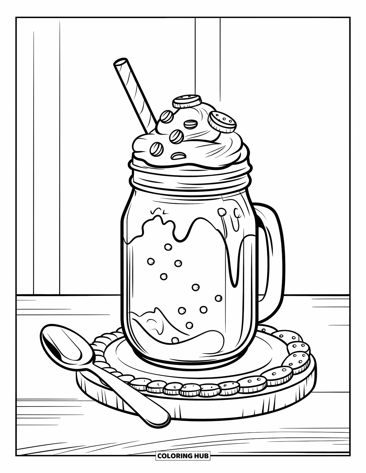 Milkshake Coloring Page for Kids: A cookie-rimmed milkshake jar with spoon rests on a wooden board