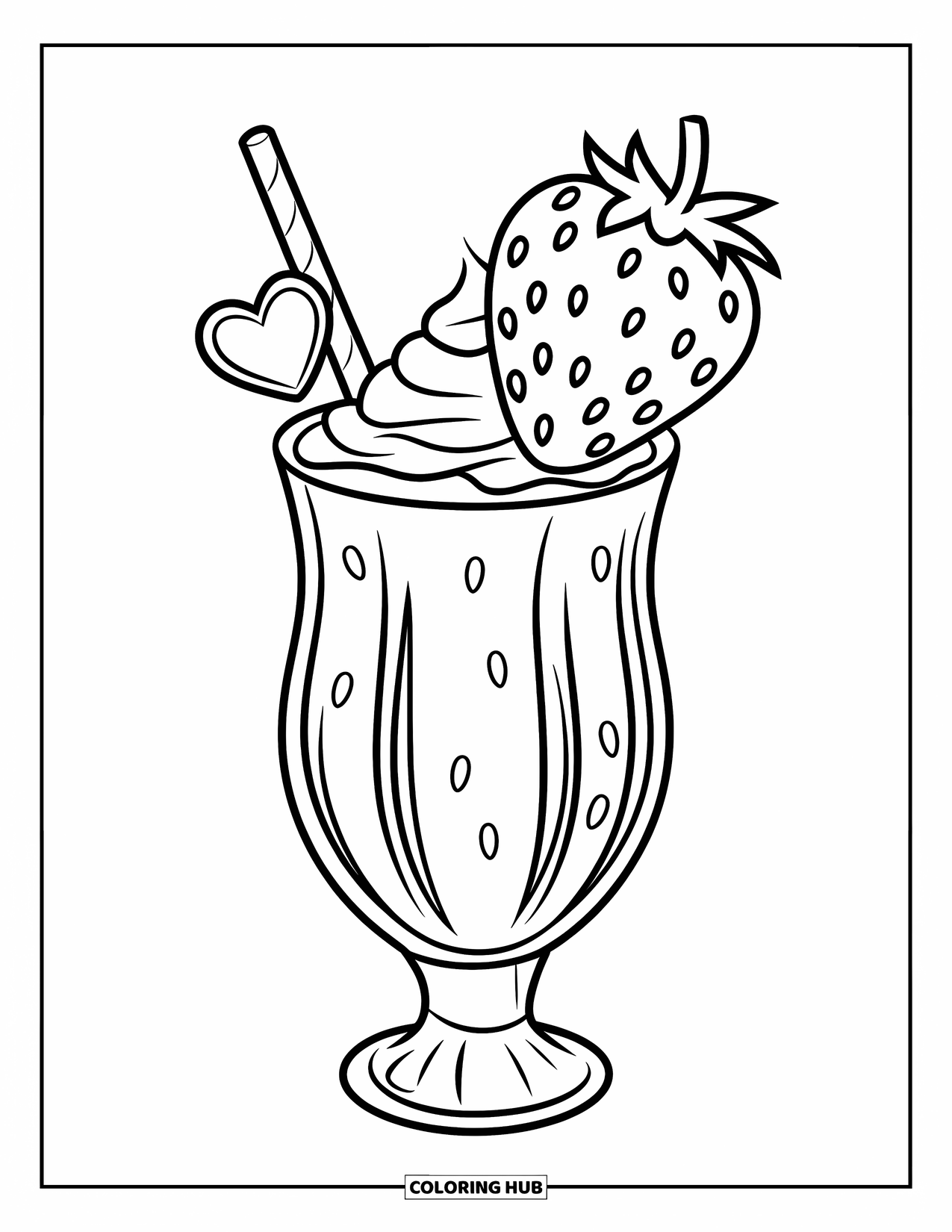 Milkshake Coloring Page for Kids: A large strawberry tops a sweet milkshake with a heart-shaped straw
