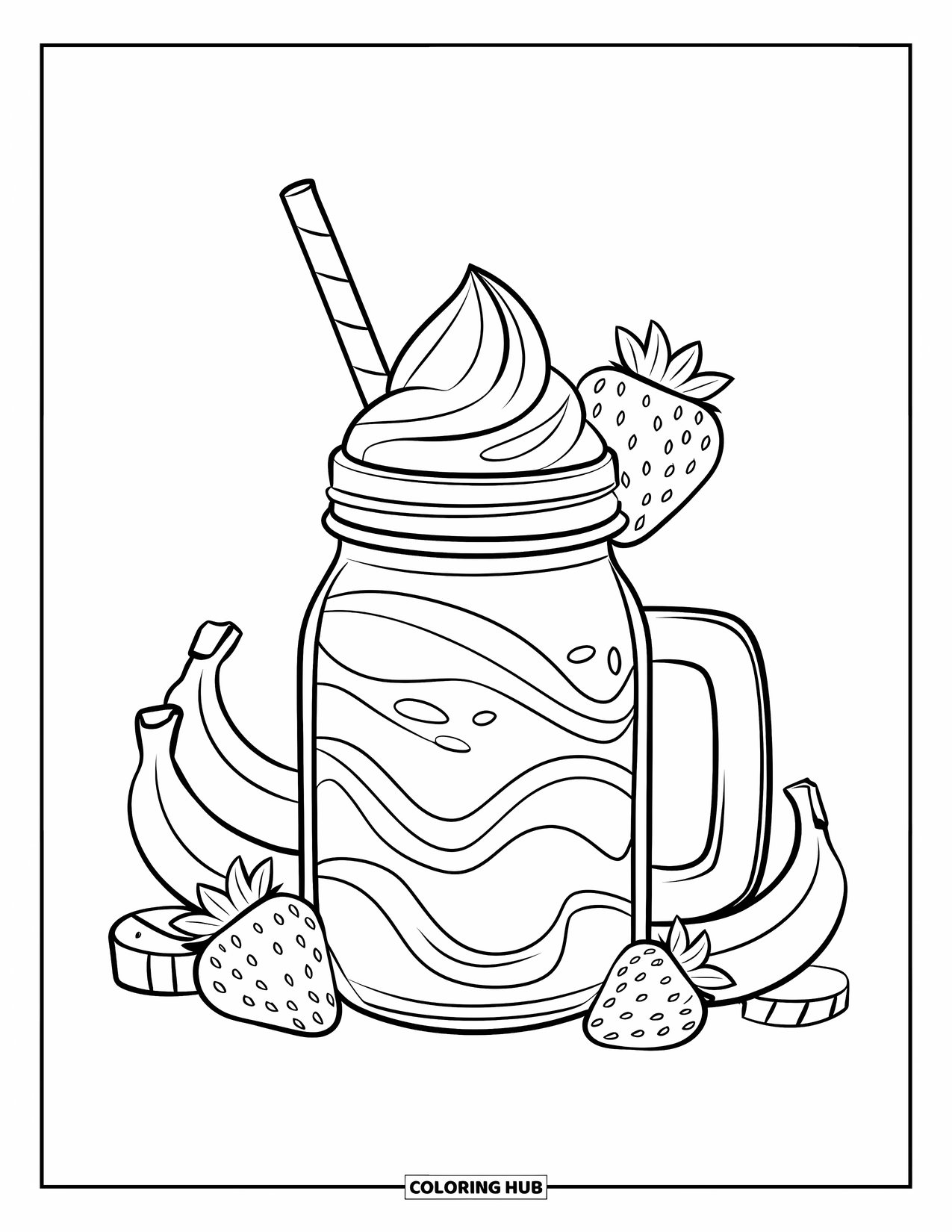 Milkshake Coloring Page for Kids: A mason jar swirl milkshake is surrounded by banana and strawberry slices
