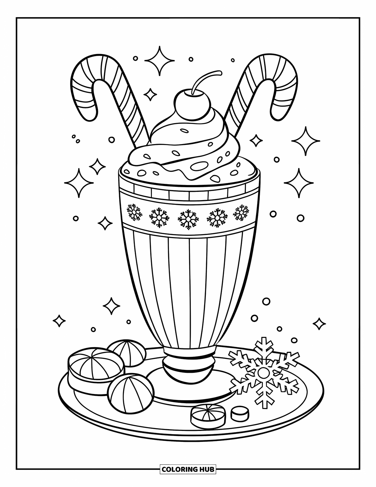 Milkshake Coloring Page for Kids: A peppermint milkshake with candies and snowflakes is served on a clean plate