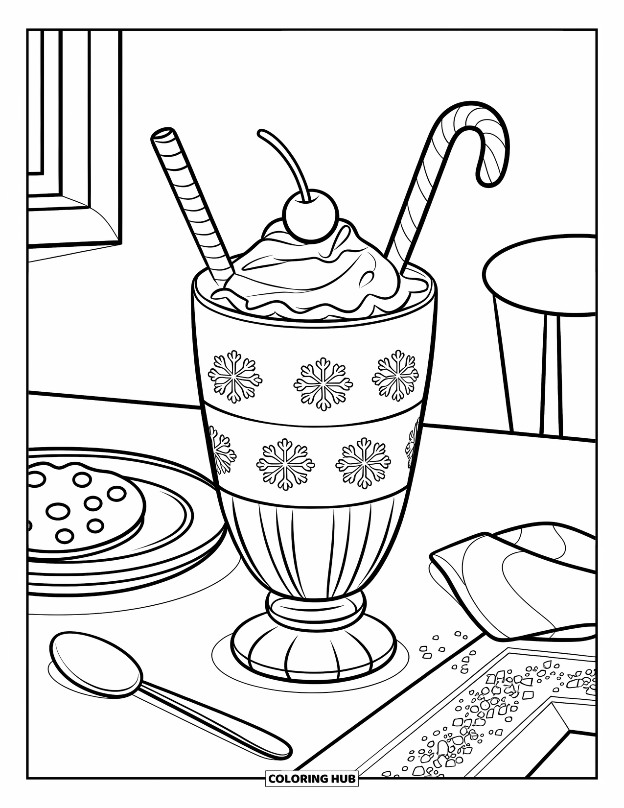 Milkshake Coloring Page for Kids: A peppermint milkshake with whipped cream sits beside a cookie and napkin