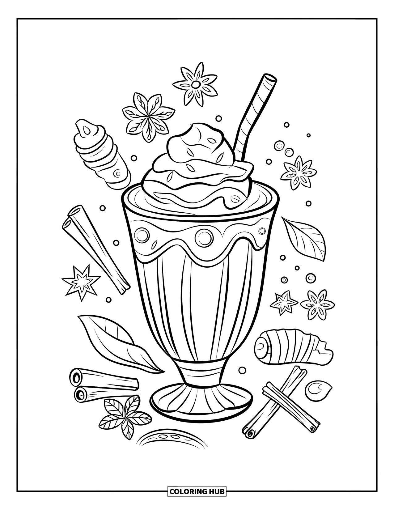 Milkshake Coloring Page for Kids: A spicy chai milkshake swirls with spice patterns and cinnamon doodles