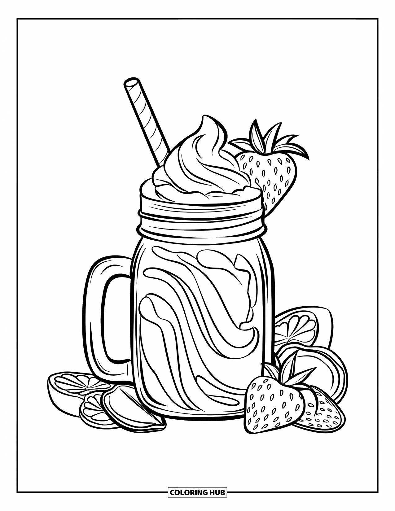 Milkshake Coloring Page for Kids: A swirl milkshake in a mason jar has fruit slices around it