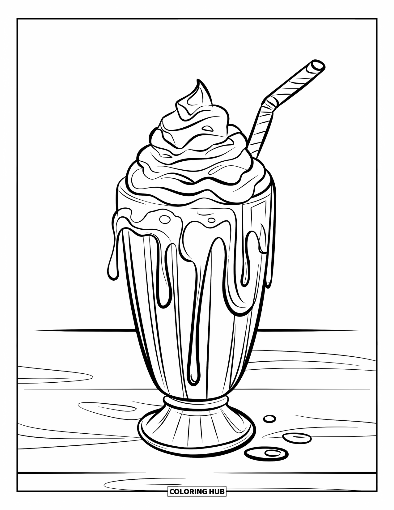 Milkshake Coloring Page for Kids: A swirled caramel mocha milkshake is topped with drizzle on a table