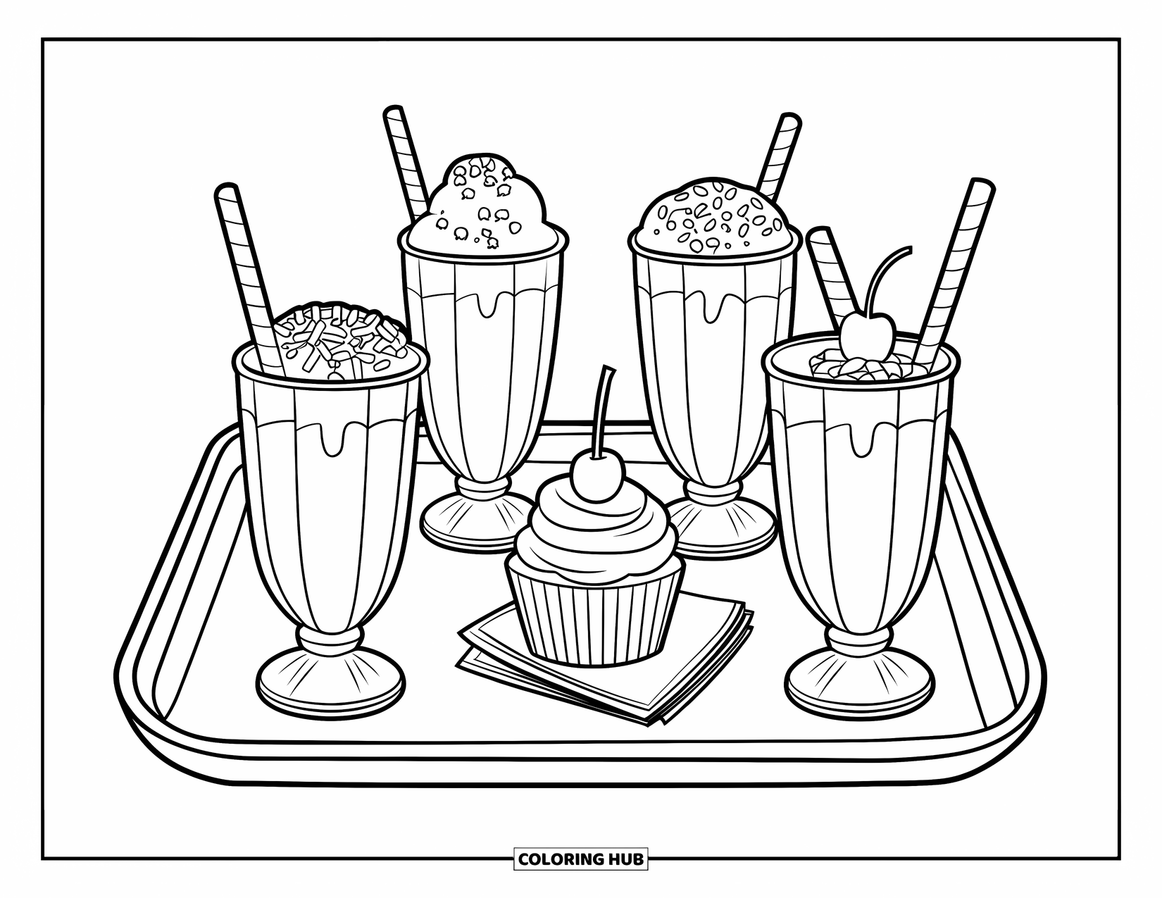 Milkshake Coloring Page for Kids: A tray with four topped milkshakes and a cupcake sits neatly with napkins