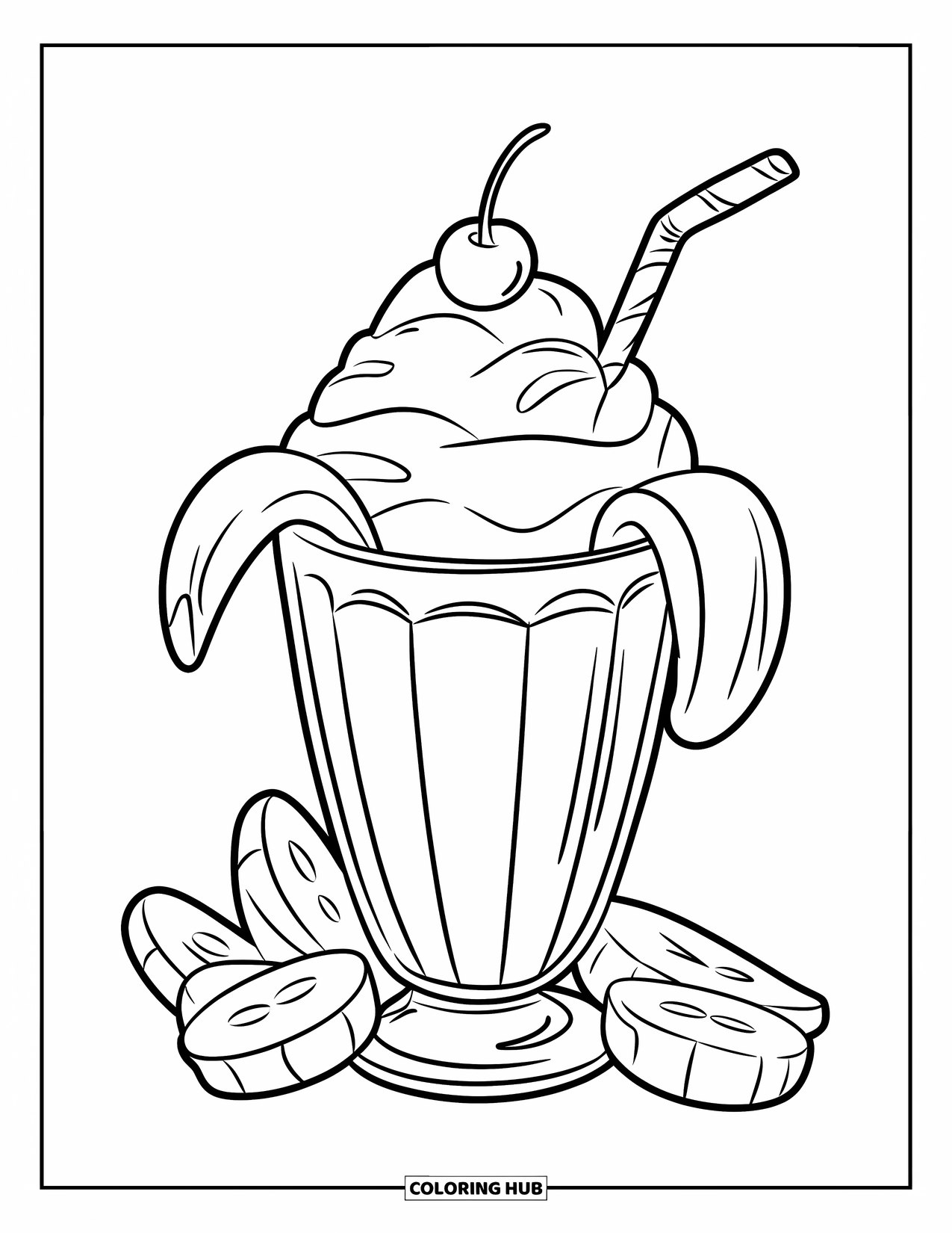 Milkshake Coloring Page for Kids: Banana milkshake with cherry and banana slices sits in a glass cup