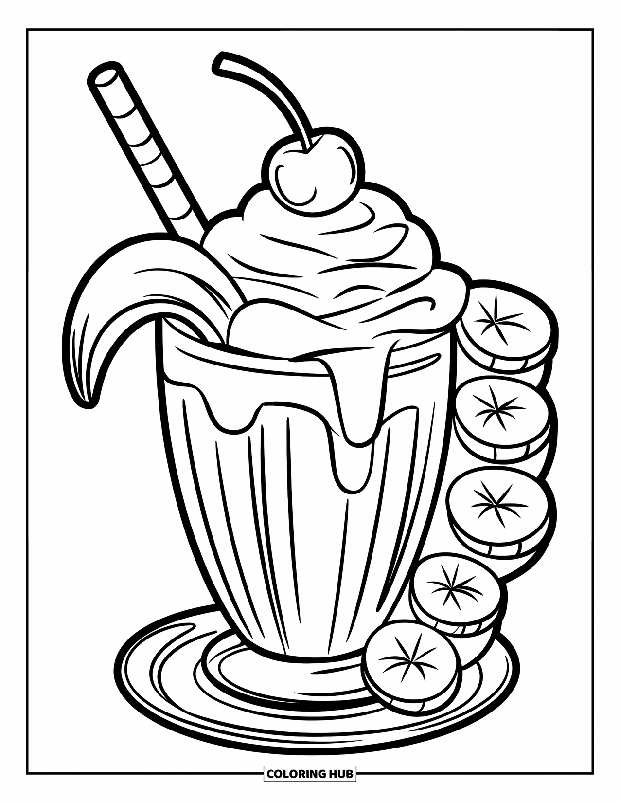 Milkshake Coloring Page for Kids: Banana milkshake with slices and cherry sits on a saucer in a semicircle