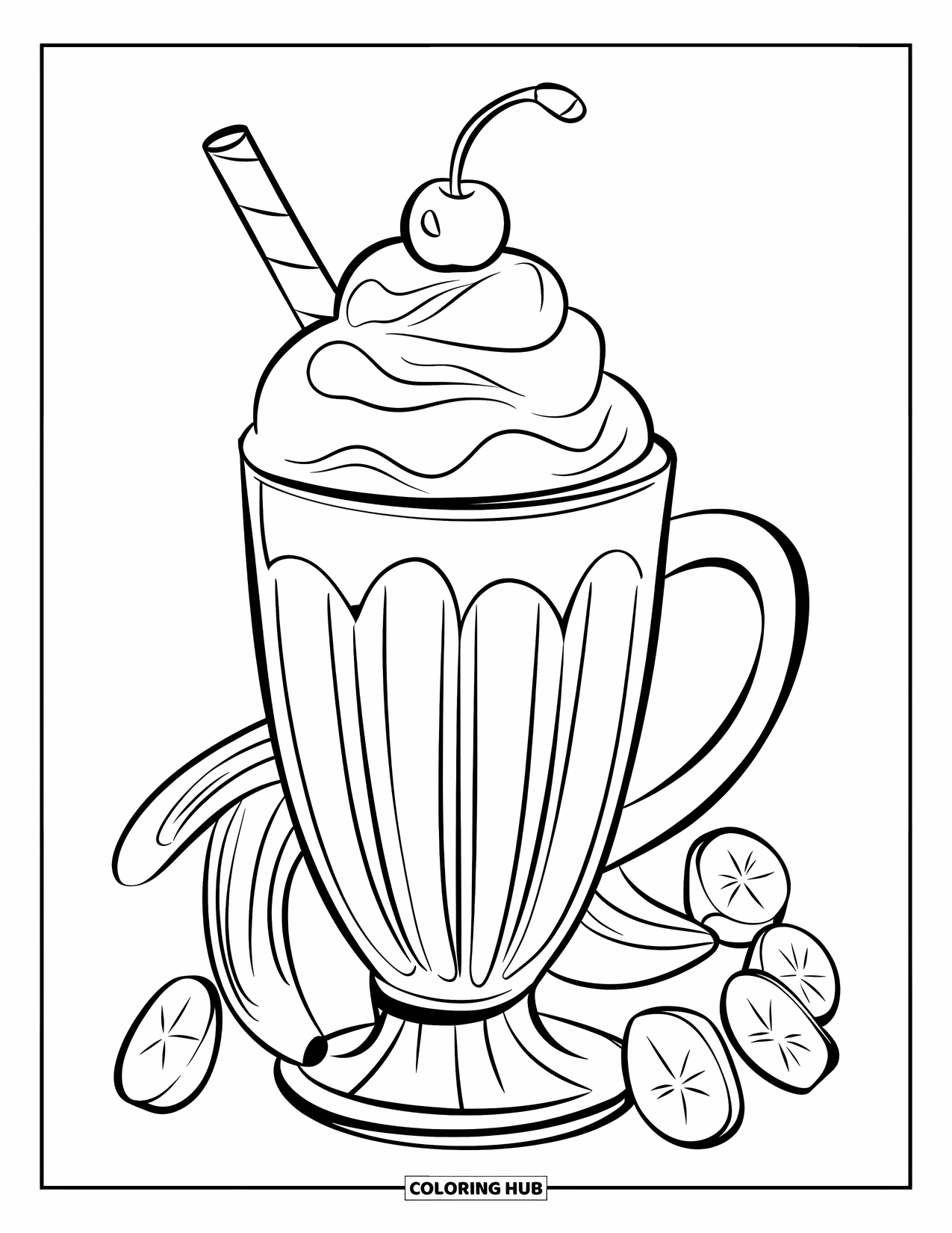 Milkshake Coloring Page for Kids: Banana milkshake with whipped cream and cherry stands out in bold lines