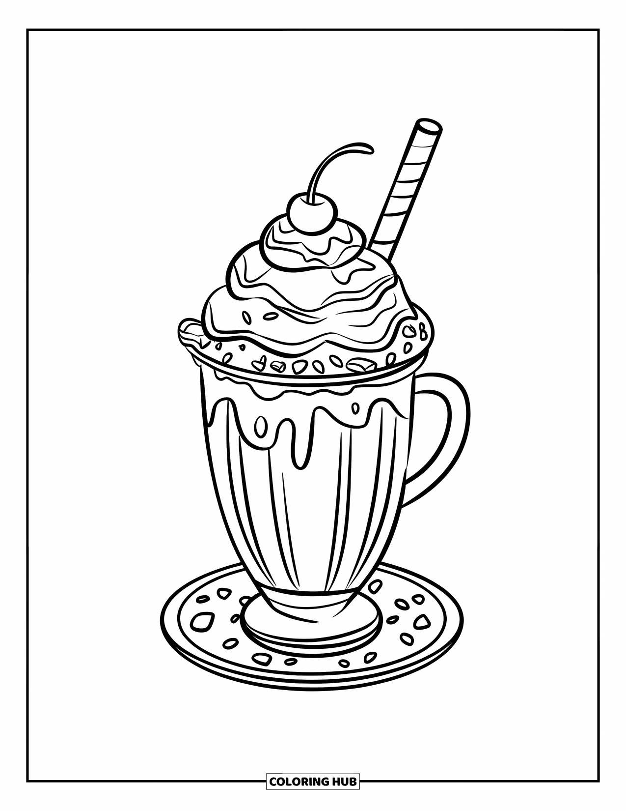 Milkshake Coloring Page for Kids: Chocolate milkshake with fudge, straw, and cherry sits on a saucer