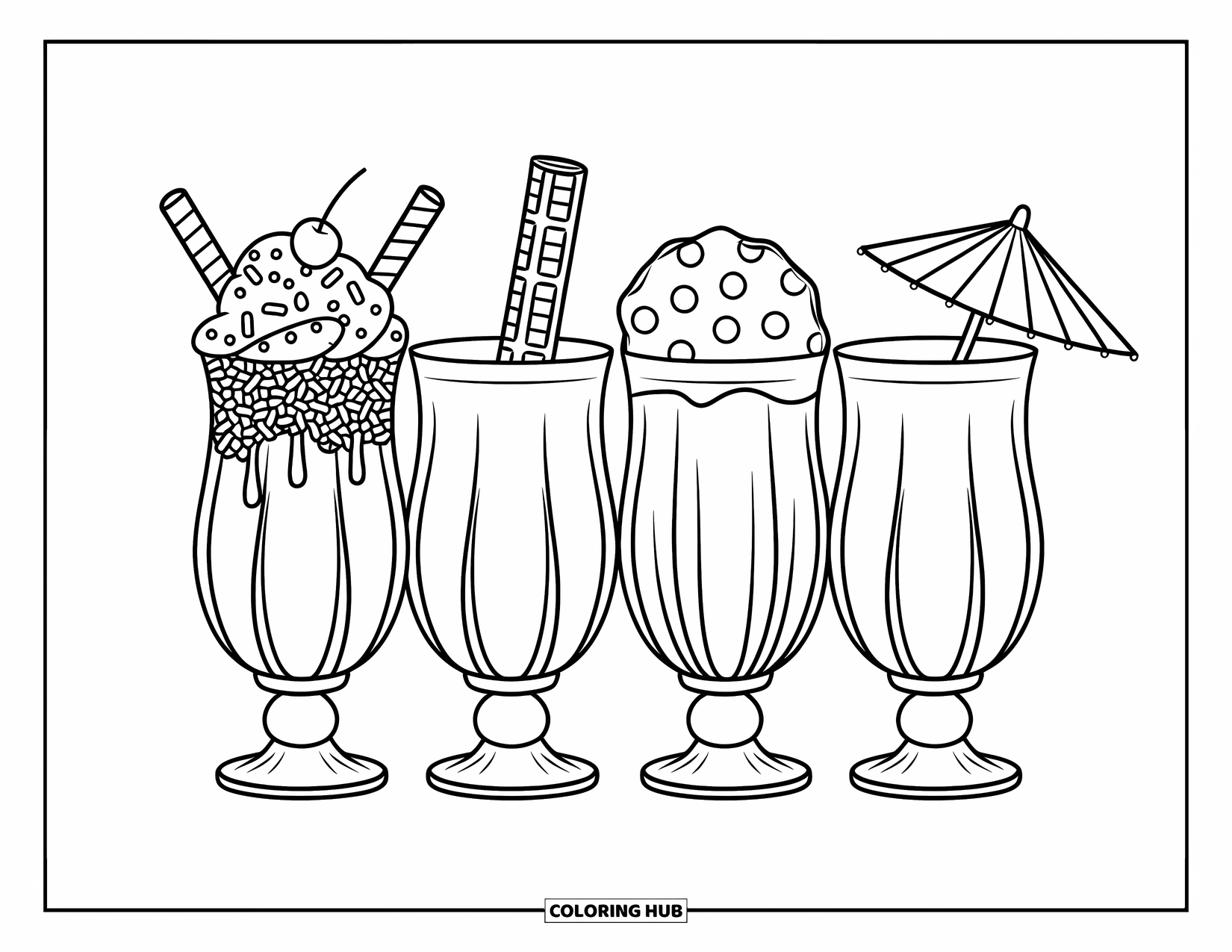 Milkshake Coloring Page for Kids: Four topped milkshakes sit in a row, each with its own fun garnish