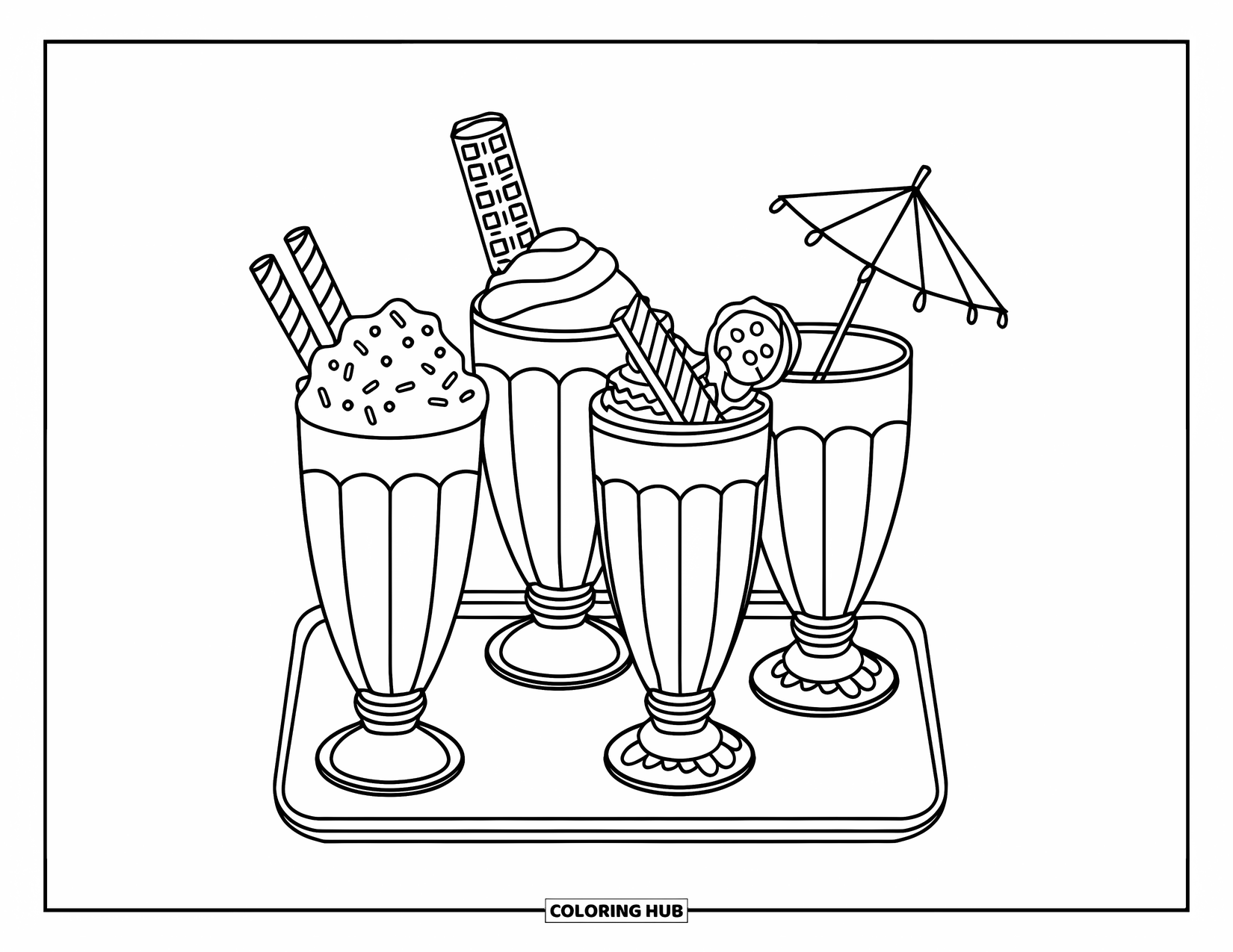Milkshake Coloring Page for Kids: Milkshakes with different toppings sit on a tray with bold, playful outlines