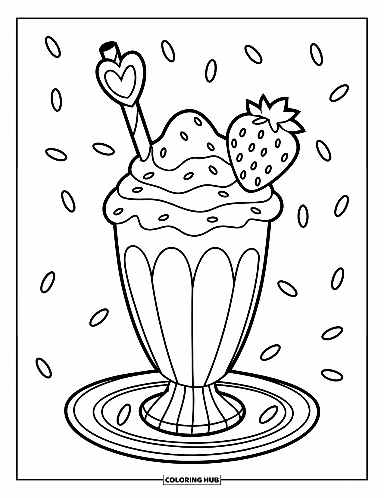 Milkshake Coloring Page for Kids: Sprinkles and a big strawberry crown a cheerful heart-straw milkshake
