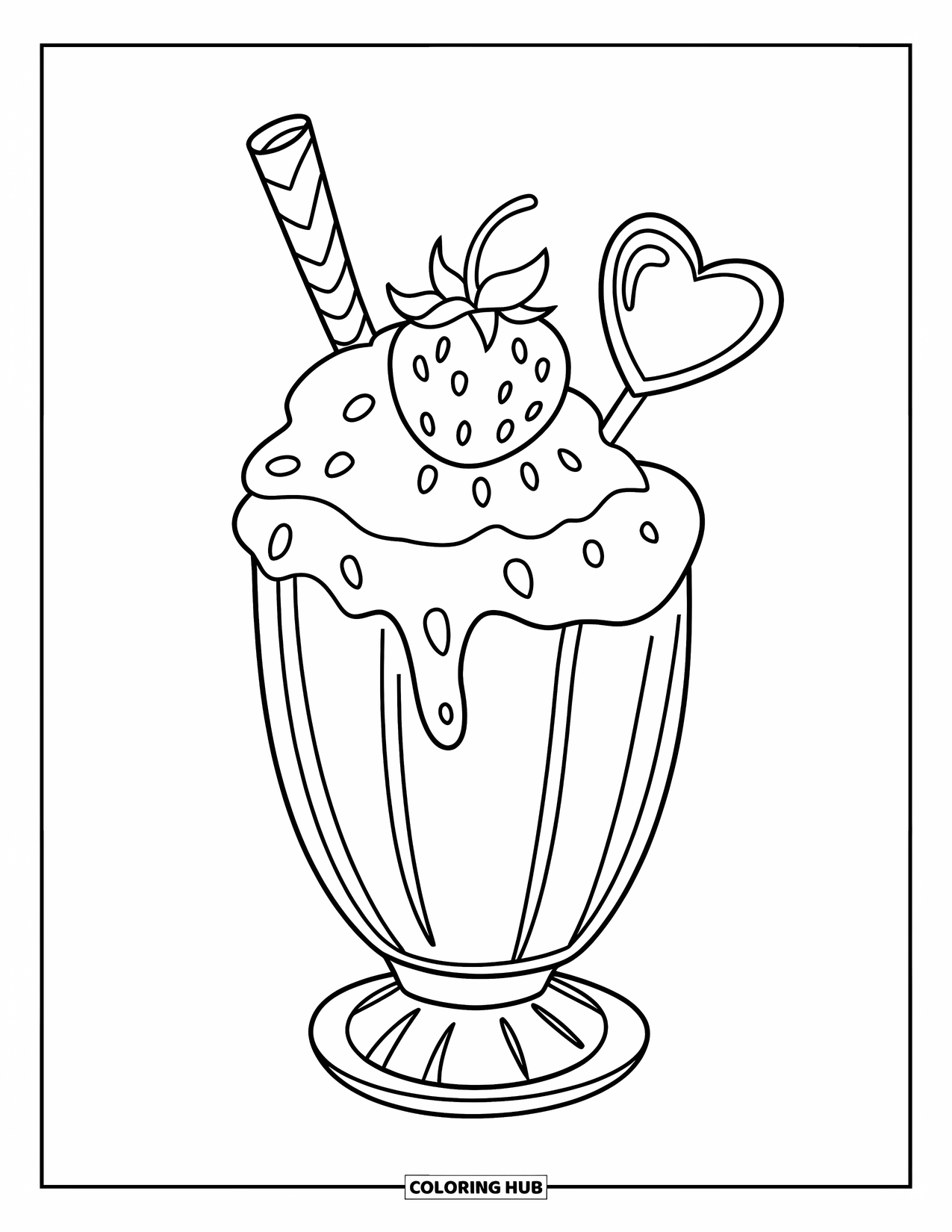 Milkshake Coloring Page for Kids: Strawberry milkshake with heart straw and a big berry on top