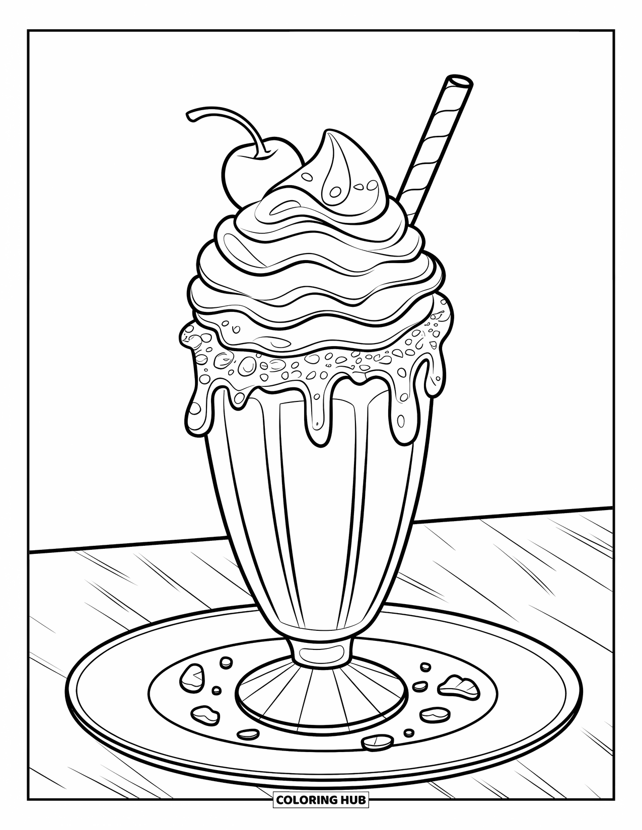 Milkshake Coloring Page for Kids: Tall chocolate milkshake with fudge, cookie crumbs, and a cherry on a plate