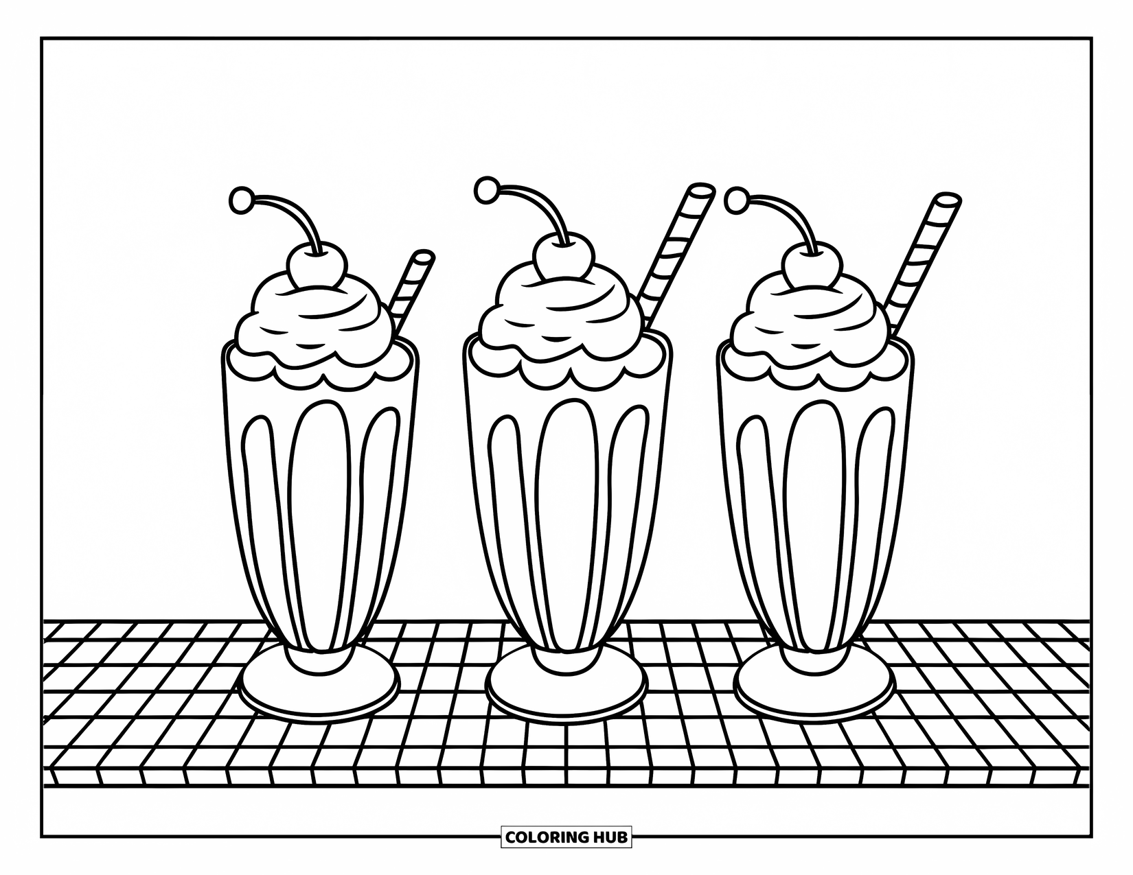 Milkshake Coloring Page for Kids: Three big milkshakes with cherries sit on a checkered table, ready to enjoy