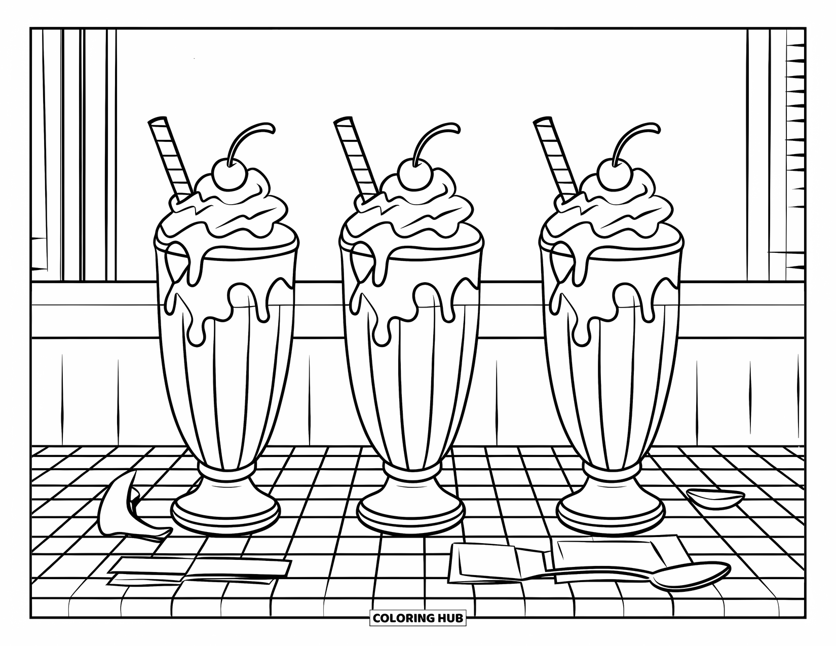 Milkshake Coloring Page for Kids: Three milkshakes with cherries and utensils rest on a long checkered table