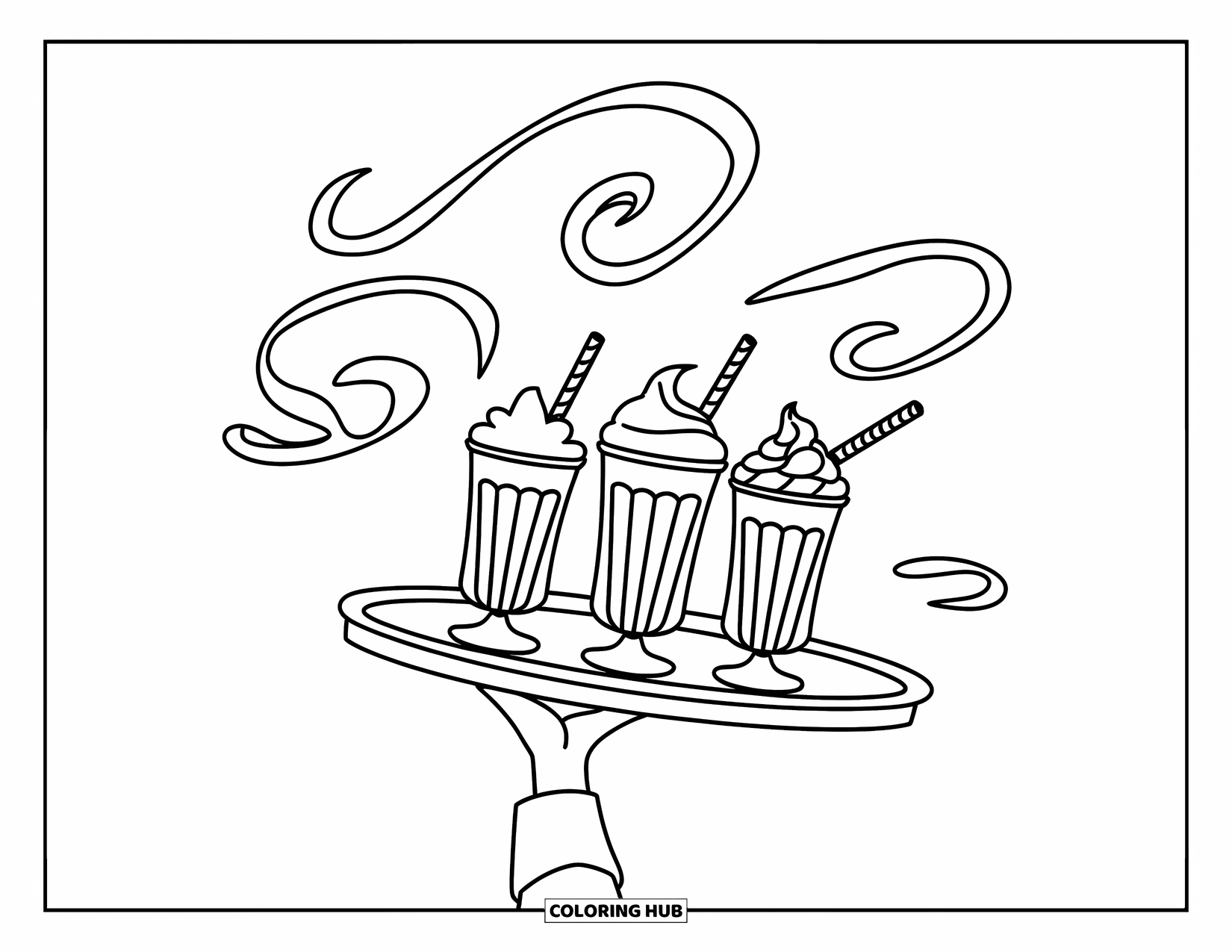 Milkshake Coloring Page for Kids: Three swirly milkshakes float above a tray in a clean, bold-lined design