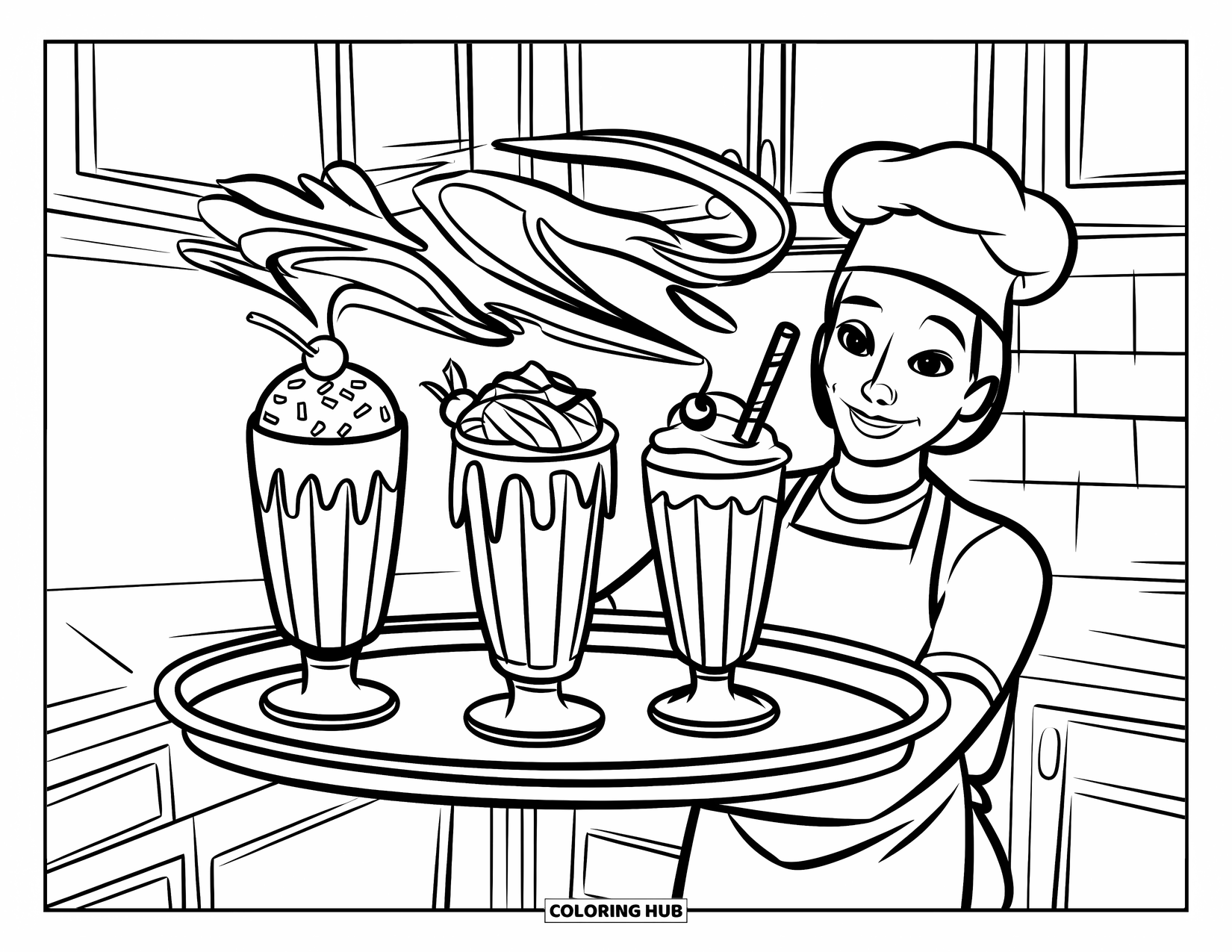 Milkshake Coloring Page for Kids: Three topped milkshakes are carried on a tray by a smiling chef in a kitchen