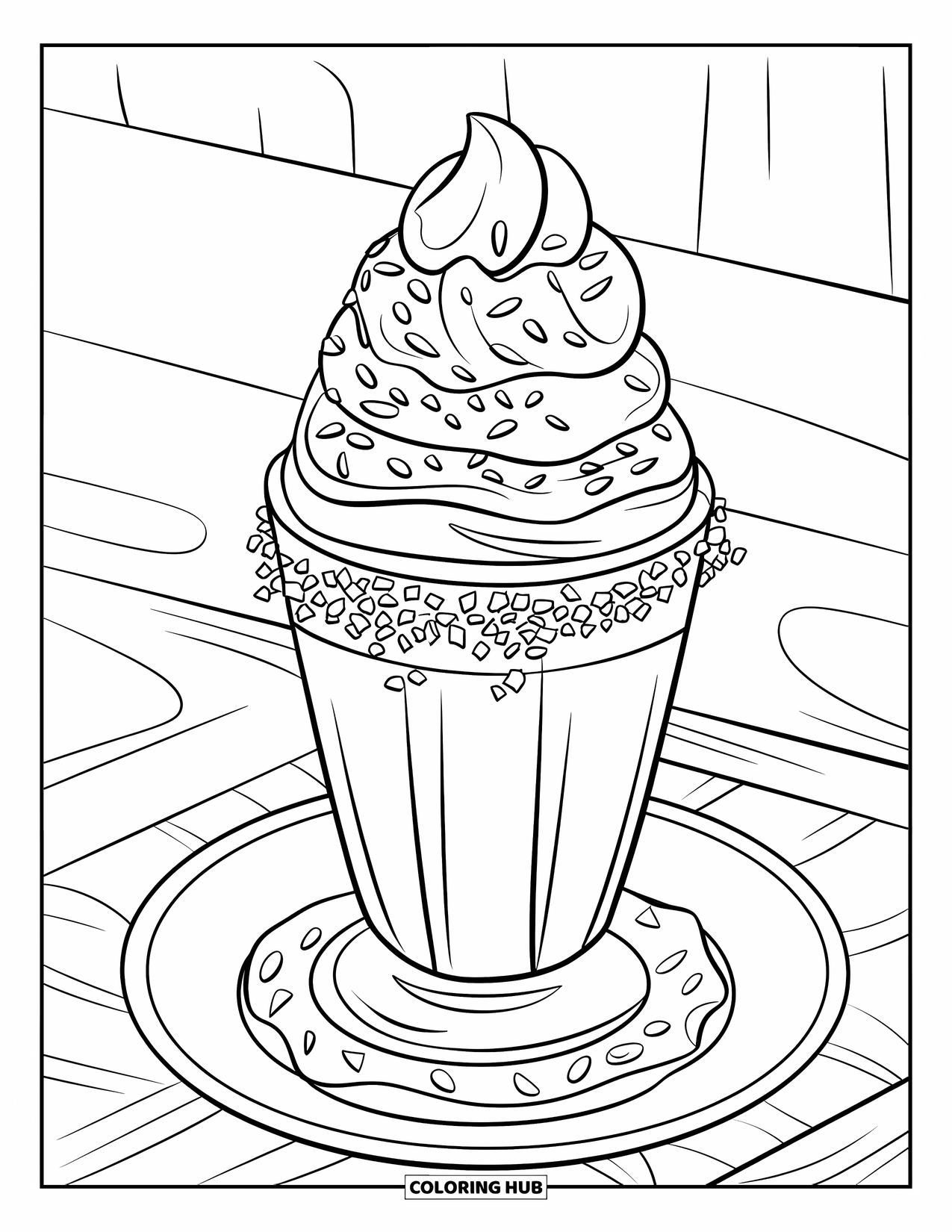 Milkshake Coloring Page for Kids: Triple-scoop chocolate milkshake with fudge and cookie crumbles sits on a plate