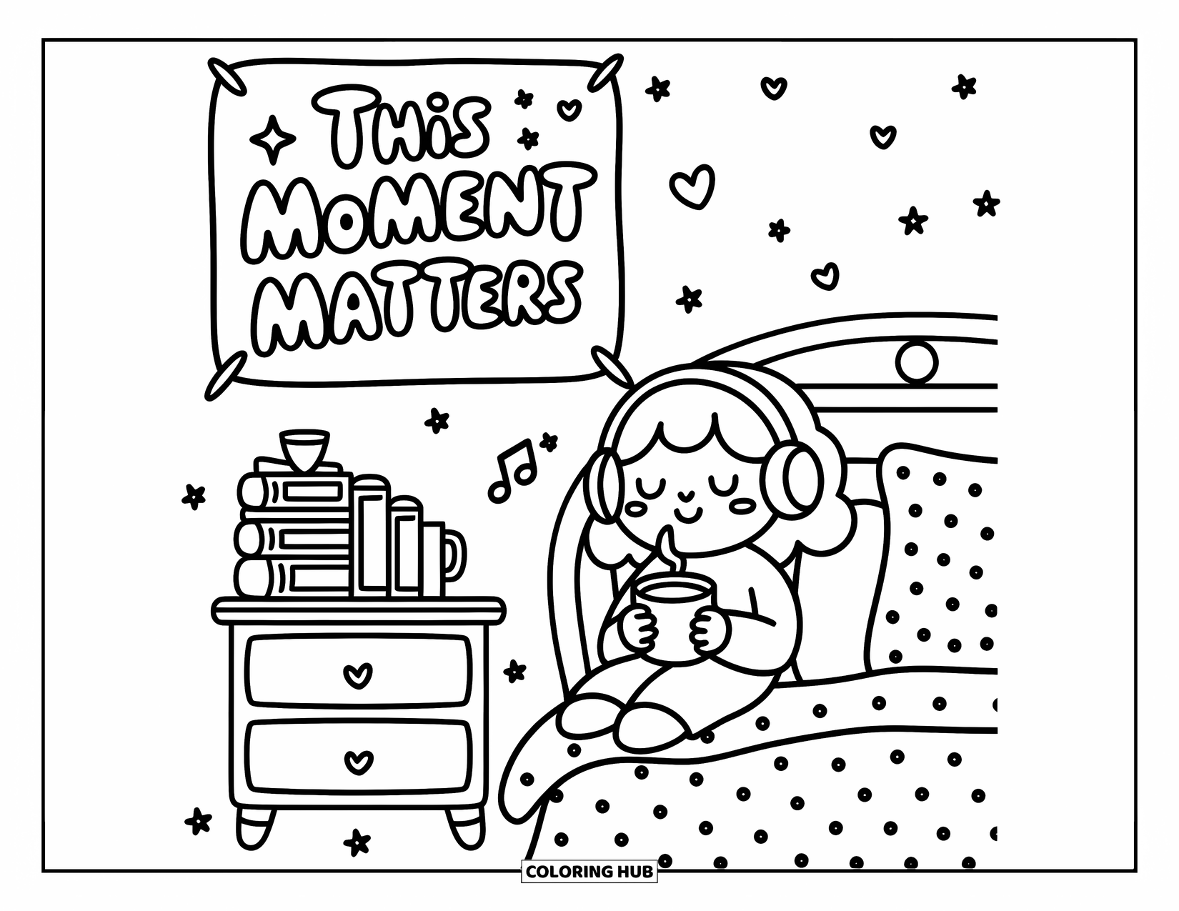 Mindfulness Coloring Page for Adults: A character enjoys a warm drink beside a nightstand, surrounded by playful, cozy room elements