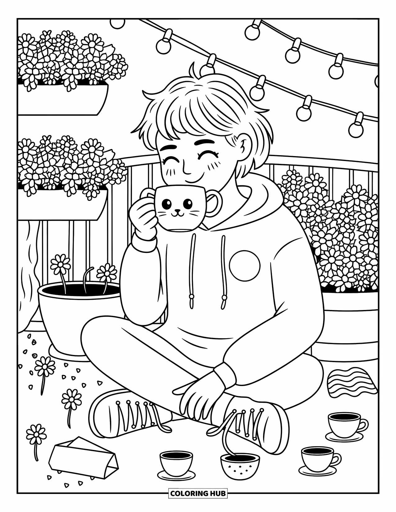 Mindfulness Coloring Page for Adults: A cheerful teen sips tea from a cat mug on a balcony with flowers and a "Be kind" pin