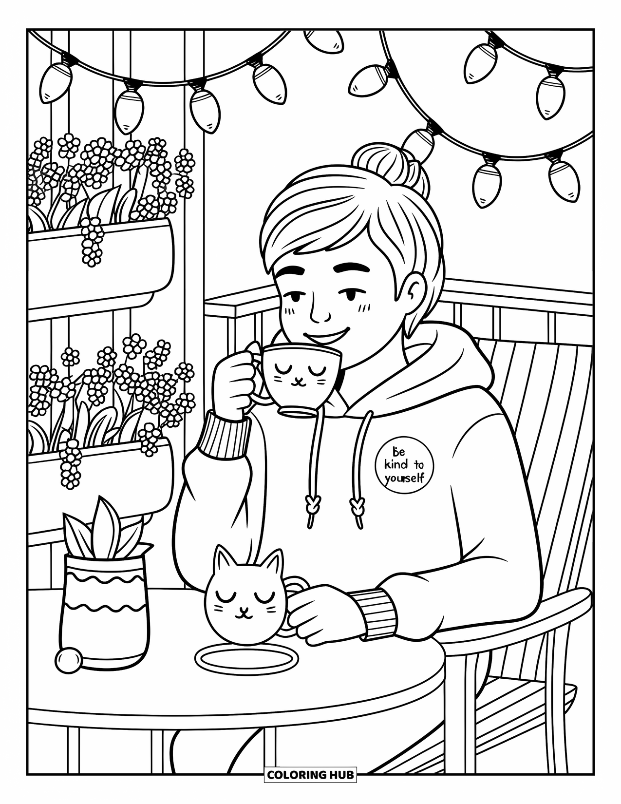 Mindfulness Coloring Page for Adults: A cheerful teen sips tea on a balcony surrounded by flowers, fairy lights, and a cat-shaped mug