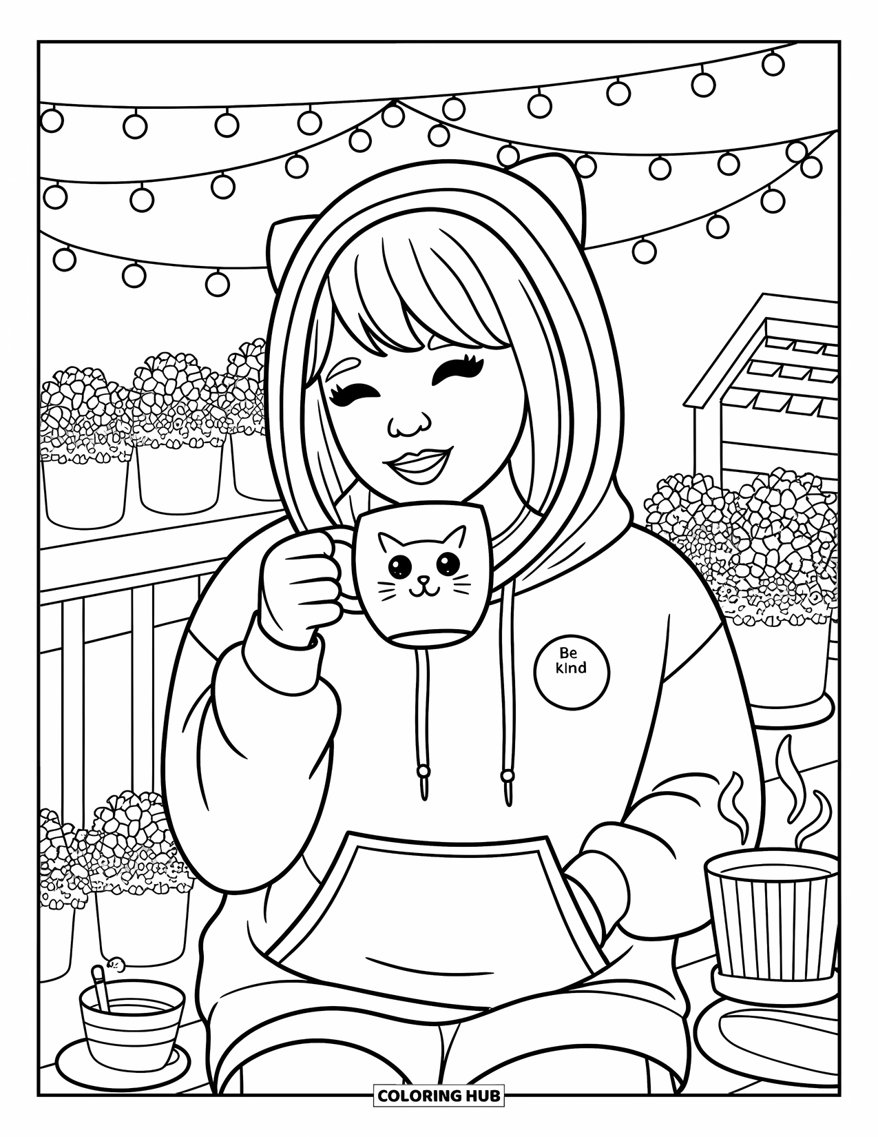Mindfulness Coloring Page for Adults: A cheerful teen sits on a balcony with a cat mug, fairy lights, flowers, and a kindness pin