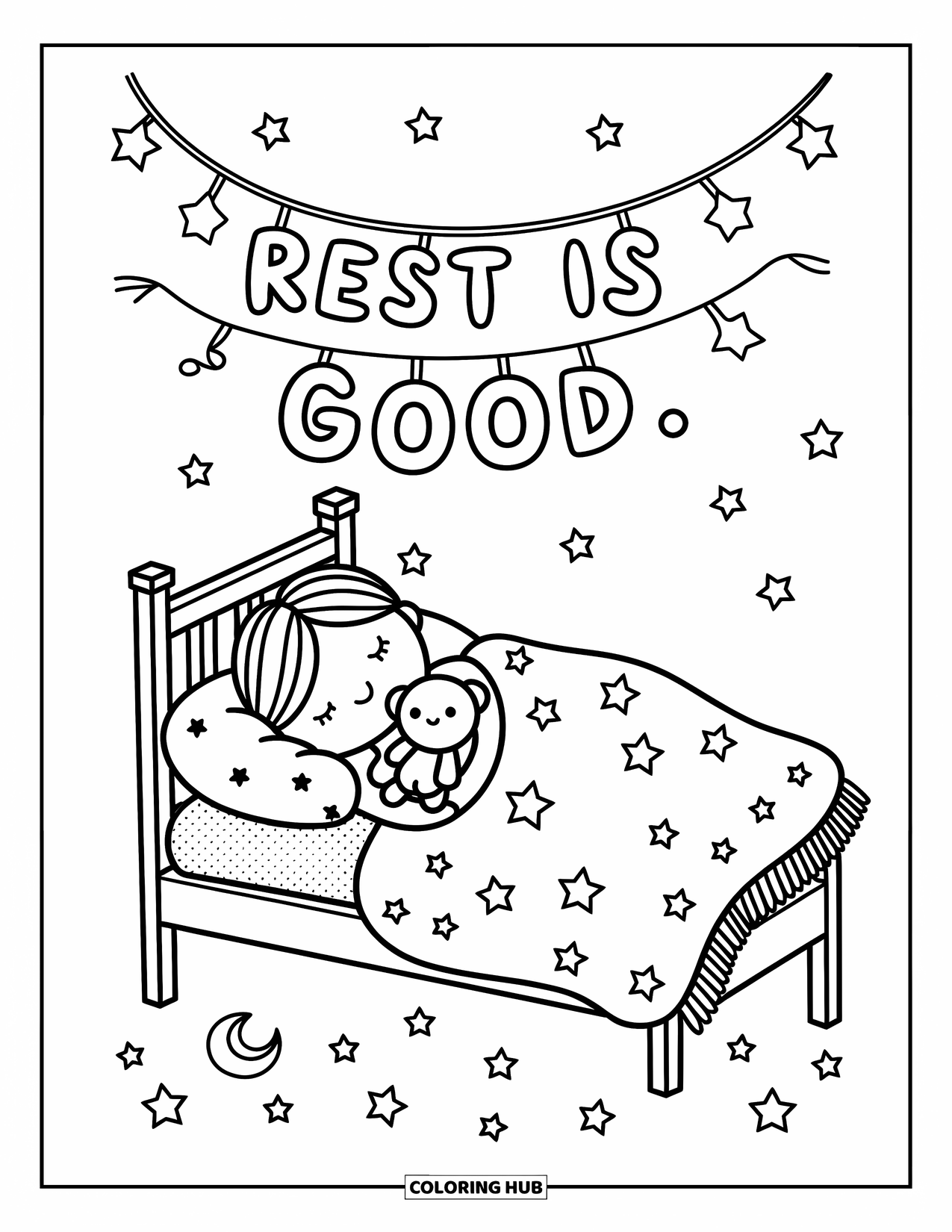 Mindfulness Coloring Page for Adults: A child cuddles a plush toy on a futon under a banner that says "Rest is good"
