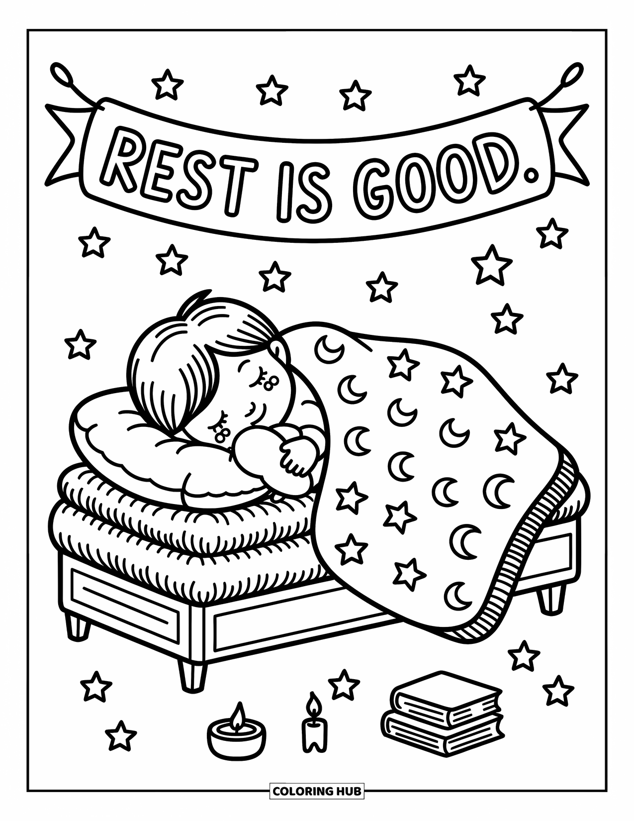 Mindfulness Coloring Page for Adults: A child snuggles on a futon with stars, moons, and a "Rest is good" banner above