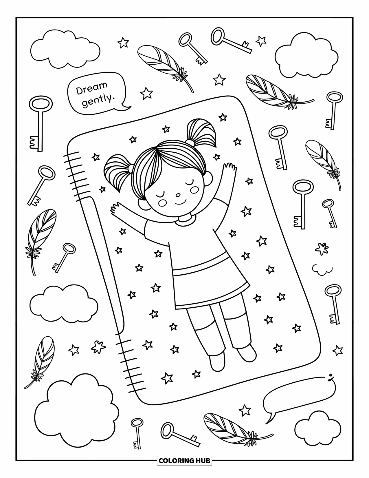 Mindfulness Coloring Page for Adults: A child with pigtails lies back in a dreamy journal surrounded by clouds, keys, and feathers