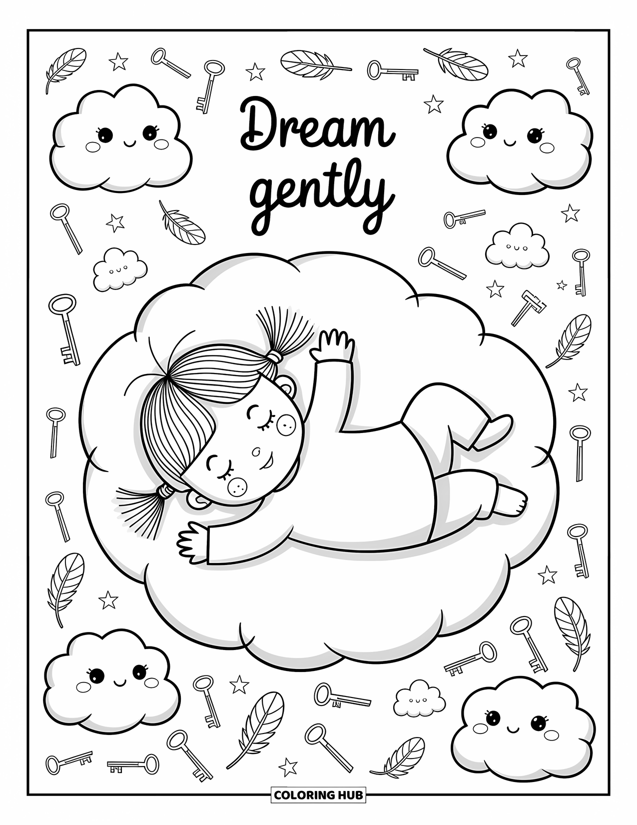 Mindfulness Coloring Page for Adults: A child with pigtails lies in a whimsical journal filled with clouds, keys, feathers, and tiny doodles