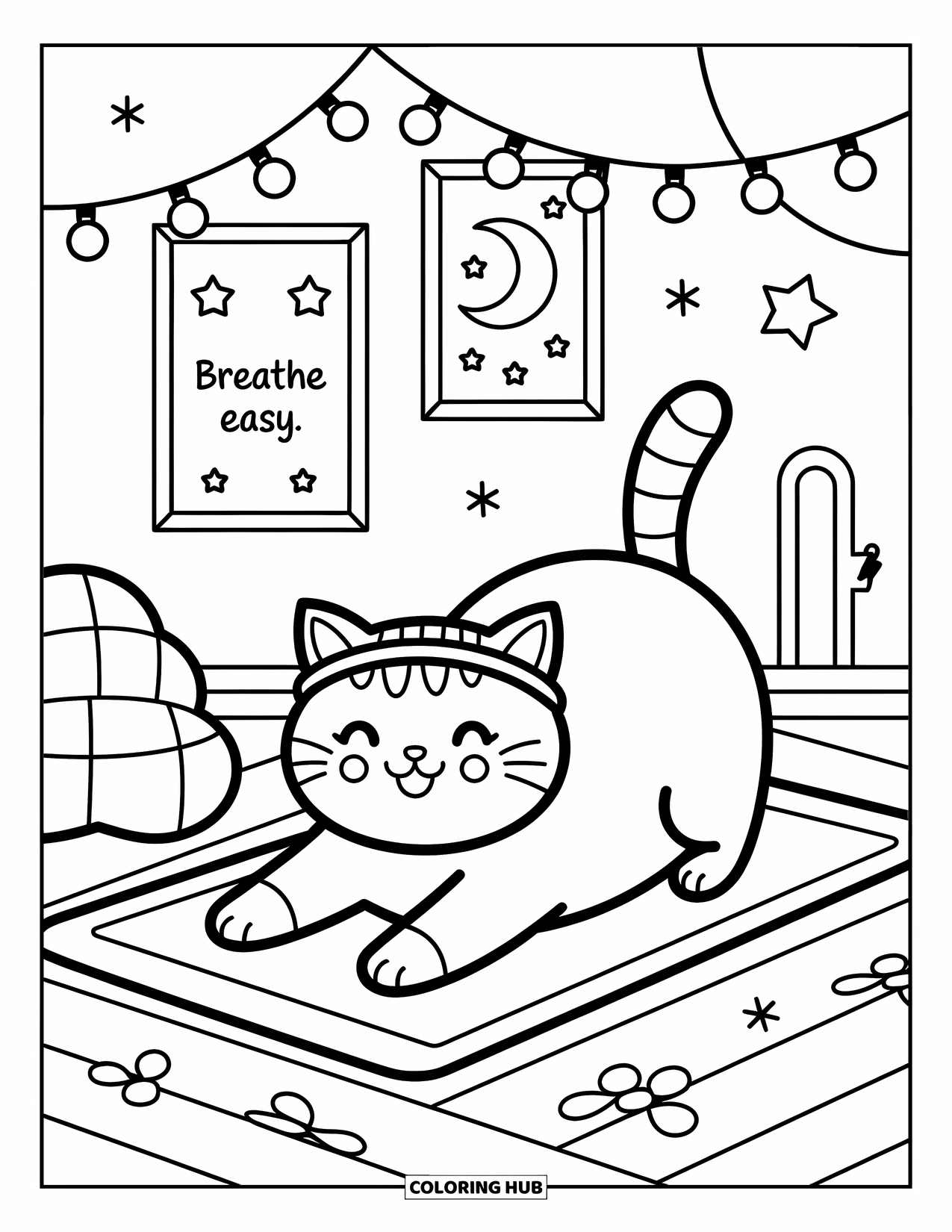 Mindfulness Coloring Page for Adults: A chubby cat with a headband stretches on a yoga mat under a "breathe easy" sign
