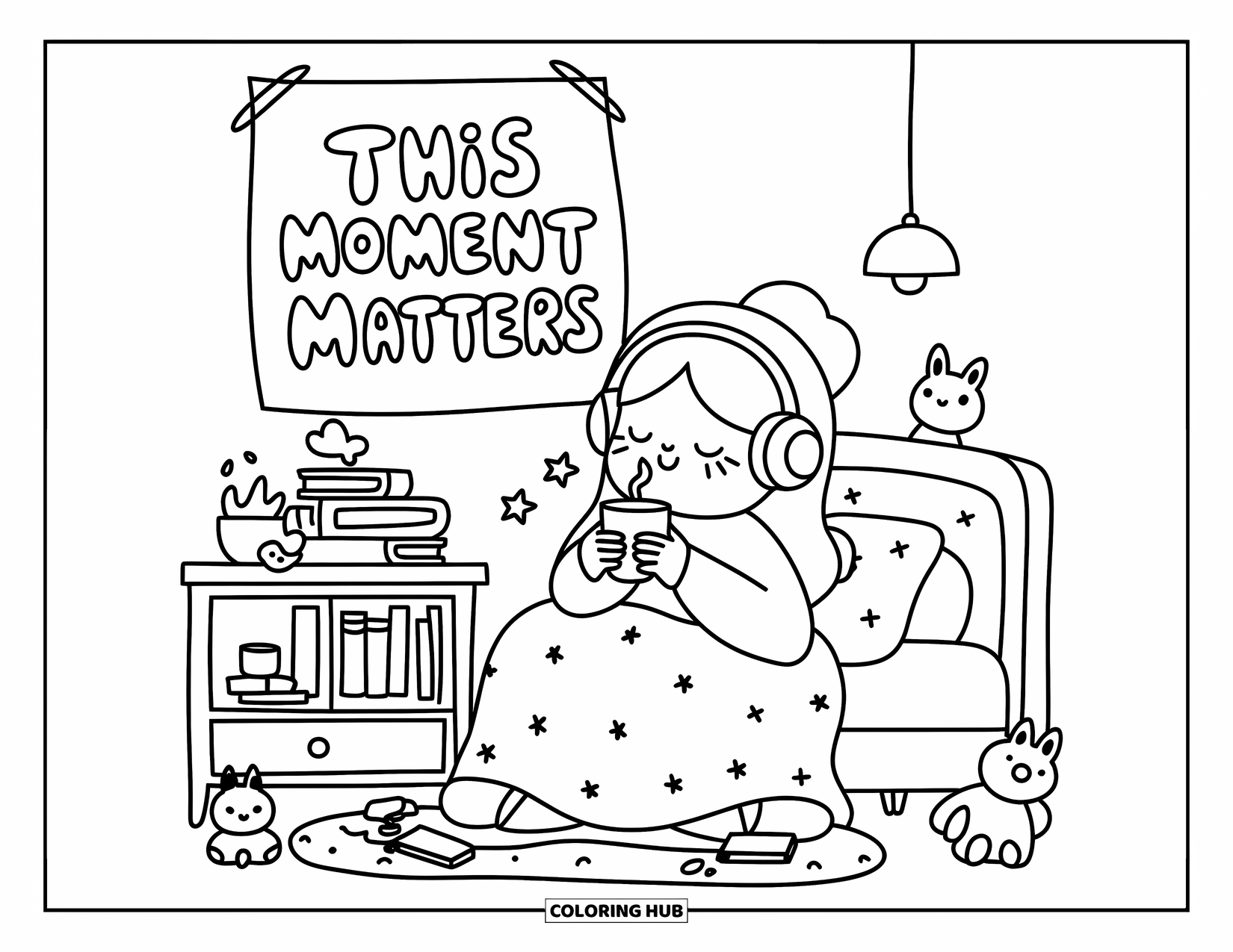 Mindfulness Coloring Page for Adults: A cozy bedroom scene with a warm drink, books, and a poster that says "This moment matters"