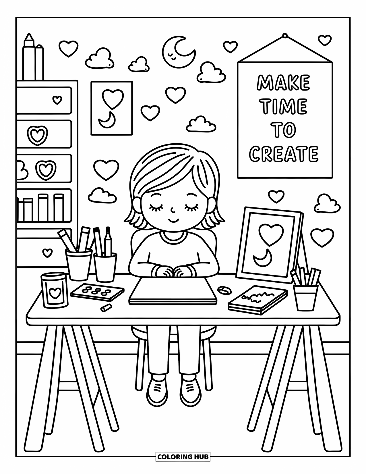 Mindfulness Coloring Page for Adults: A cozy desk scene with a young artist, kawaii tools, and a "Make time to create" poster