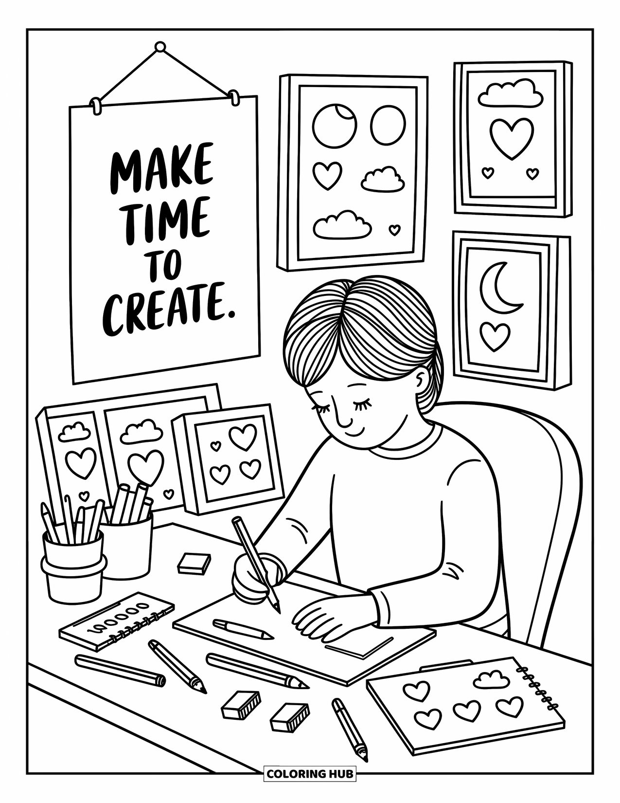 Mindfulness Coloring Page for Adults: A cozy desk scene with a young person sketching, playful art tools, and framed heart-themed art