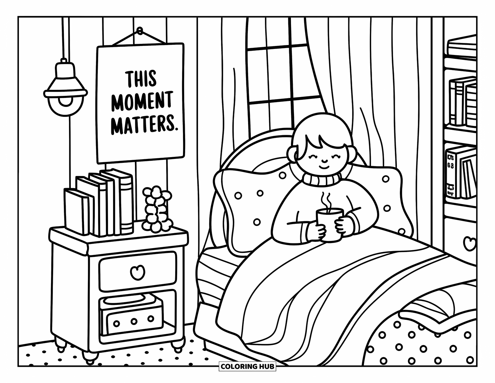 Mindfulness Coloring Page for Adults: A cozy room scene with books, a warm drink, and a heartwarming "This moment matters" poster