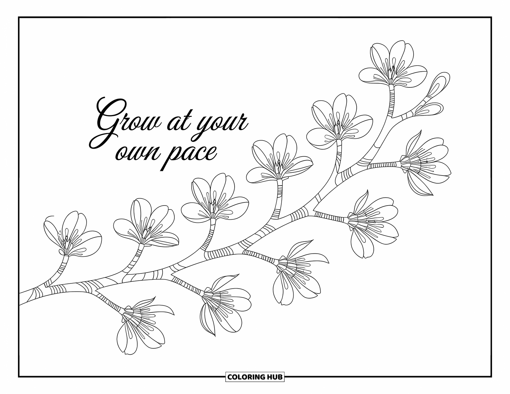 Mindfulness Coloring Page for Adults: A graceful blooming branch with intricate designs and the words "Grow at your own pace"