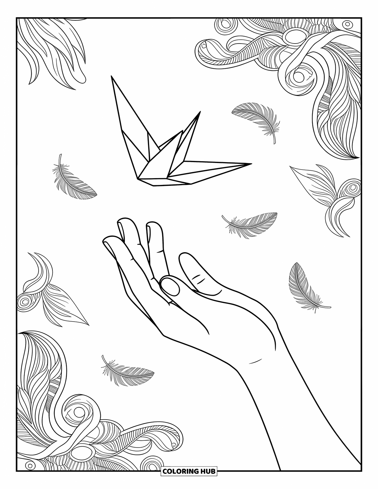 Mindfulness Coloring Page for Adults: A hand lets go of a paper crane among swirling feathers and elegant background patterns