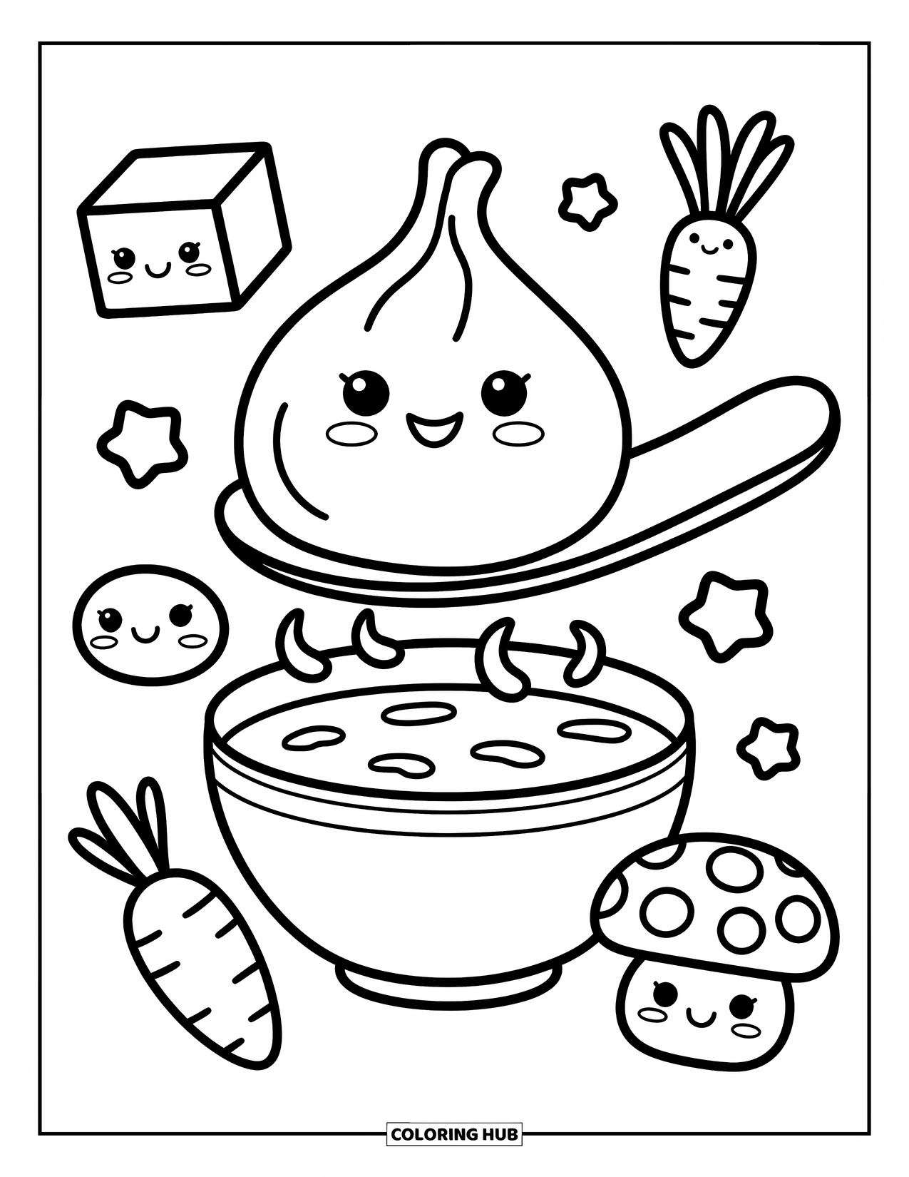 Mindfulness Coloring Page for Adults: A happy dumpling balances on a spoon over soup, with tofu, carrot, and mushroom meditating nearby