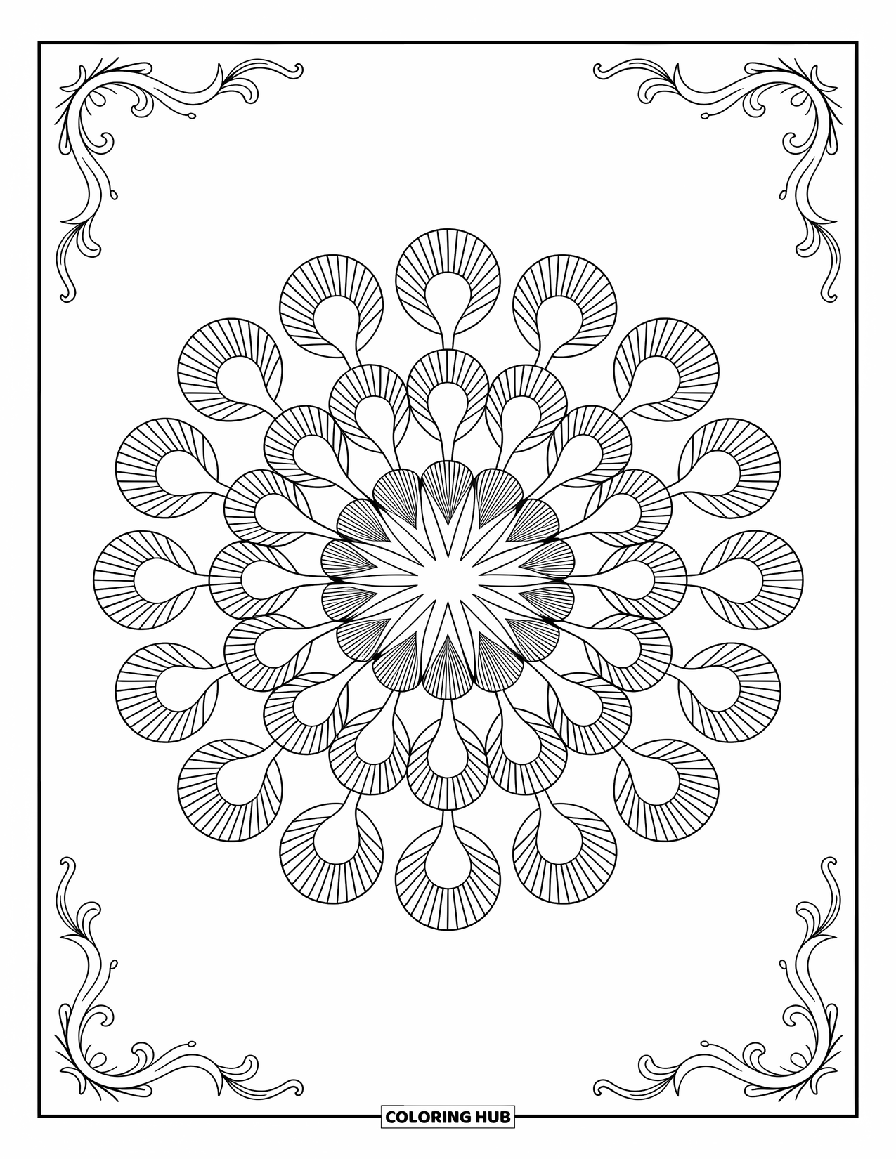 Mindfulness Coloring Page for Adults: A mandala crafted from seashells, coral shapes, and ocean waves with swirling background designs