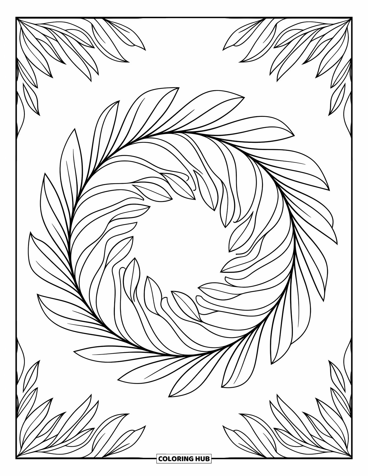 Mindfulness Coloring Page for Adults: A mesmerizing spiral of leaves and petals swirls into a continuous pattern with ornate background designs