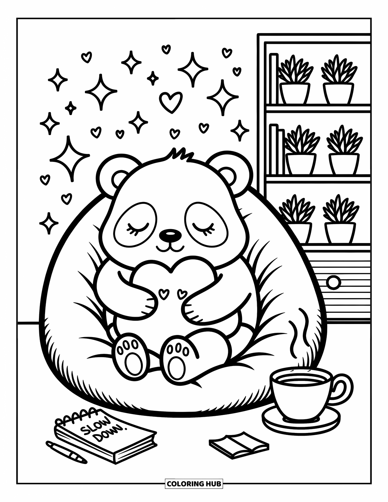 Mindfulness Coloring Page for Adults: A panda cuddles a tiny cloud pillow on a bean bag with stars, hearts, and a "slow down" note