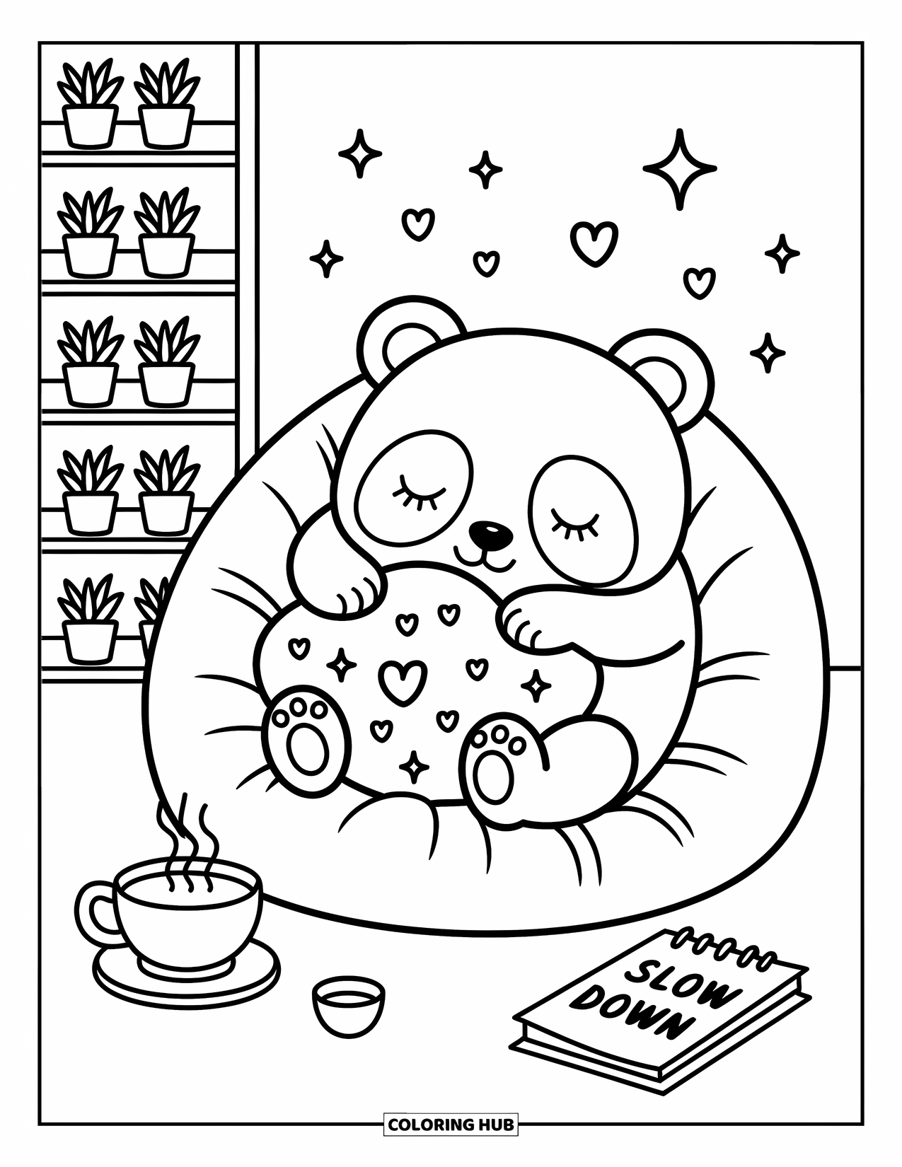 Mindfulness Coloring Page for Adults: A panda naps on a bean bag hugging a cloud pillow, with stars, sparkles, and a cozy room