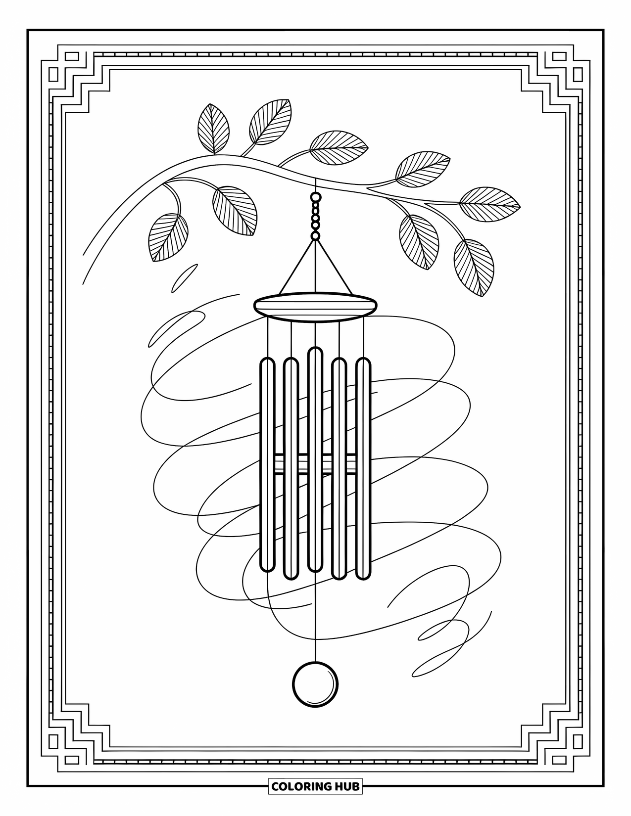 Mindfulness Coloring Page for Adults: A peaceful wind chime hangs gracefully with air lines and rich decorative background patterns