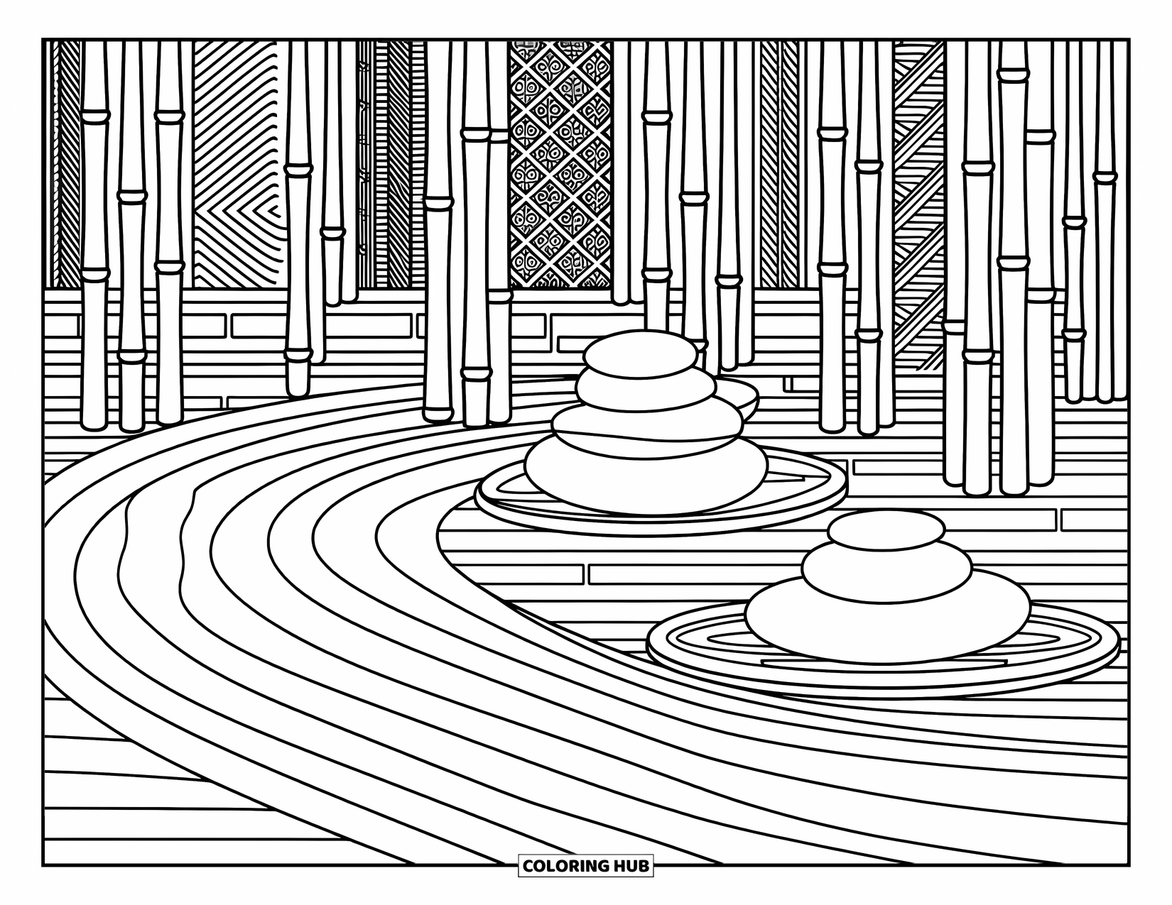 Mindfulness Coloring Page for Adults: A serene zen garden scene with raked waves, stones, and bamboo patterns woven through the design