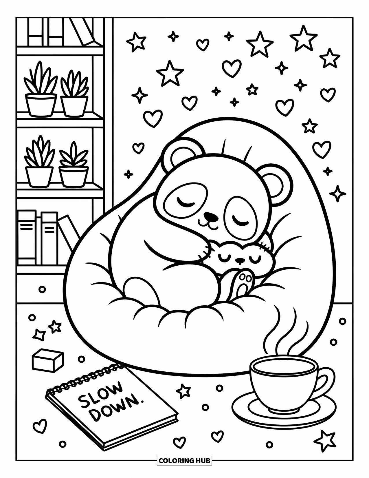 Mindfulness Coloring Page for Adults: A sleepy panda curls up with a cloud pillow, surrounded by floating stars and hearts